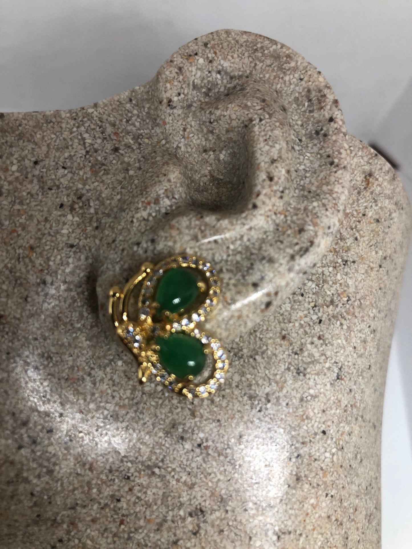 Vintage Fun Green Jade Gemstone Gold Rhodium Bronze Stud Earrings