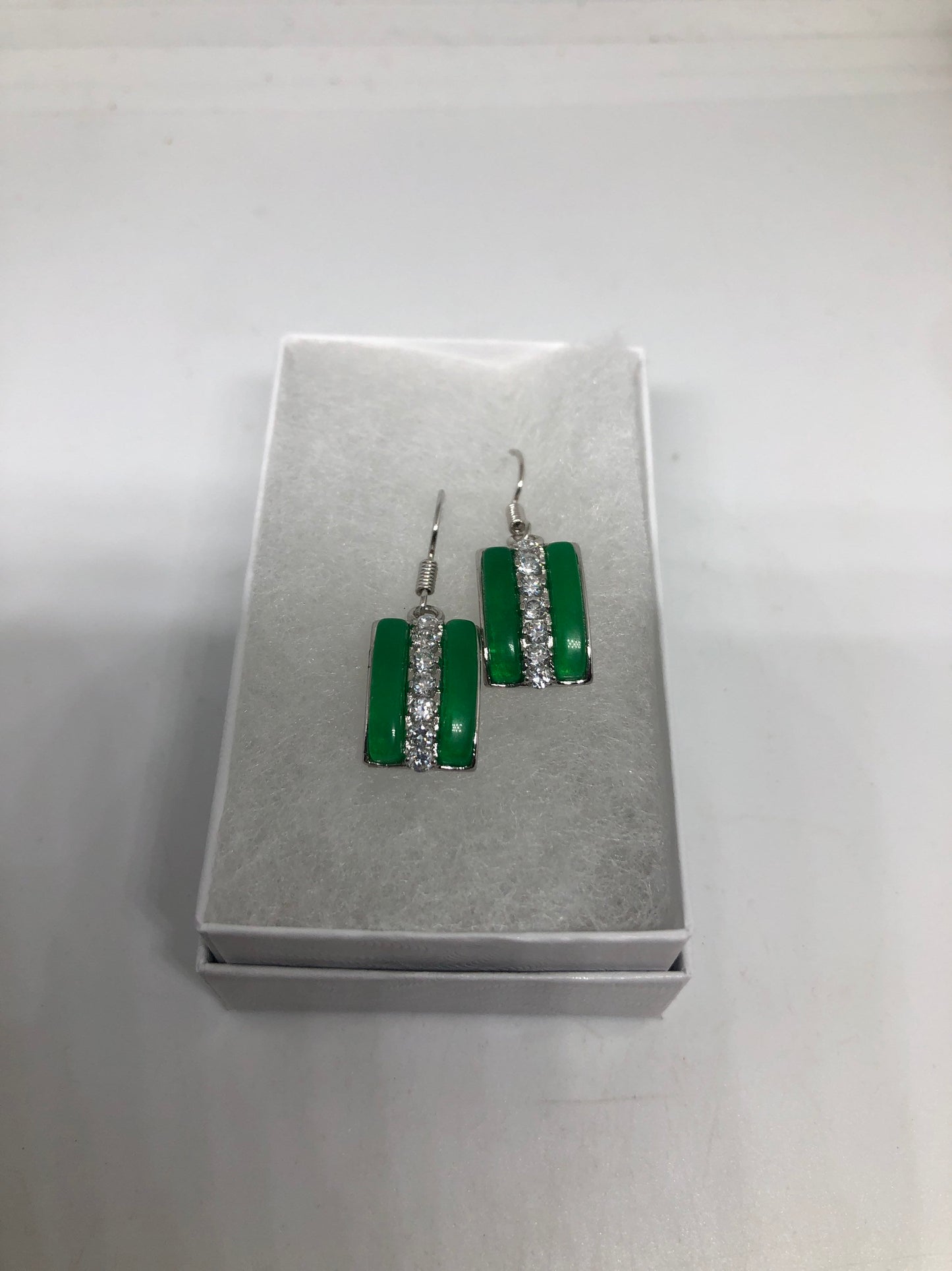 Vintage Fun Green Jade Gemstone Silver Bronze Earrings