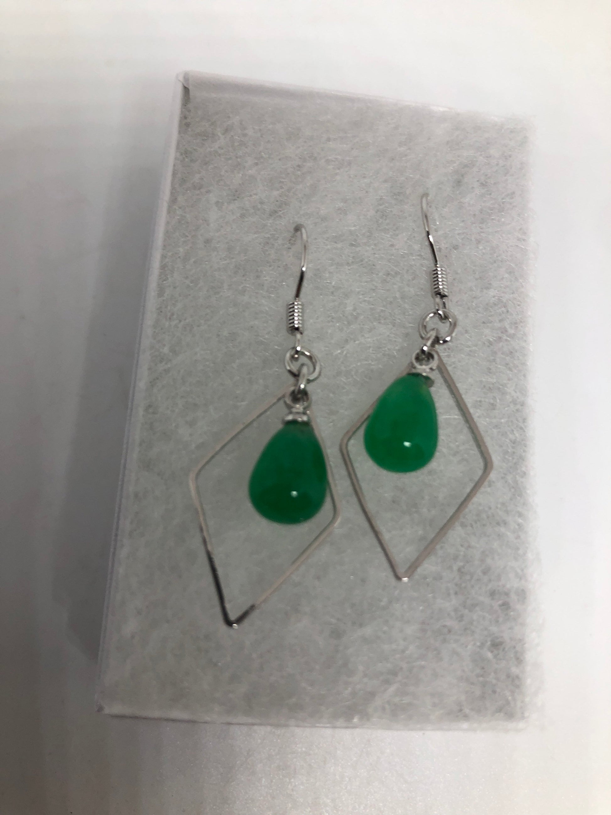 Vintage Fun Green Jade Gemstone Silver Bronze Earrings