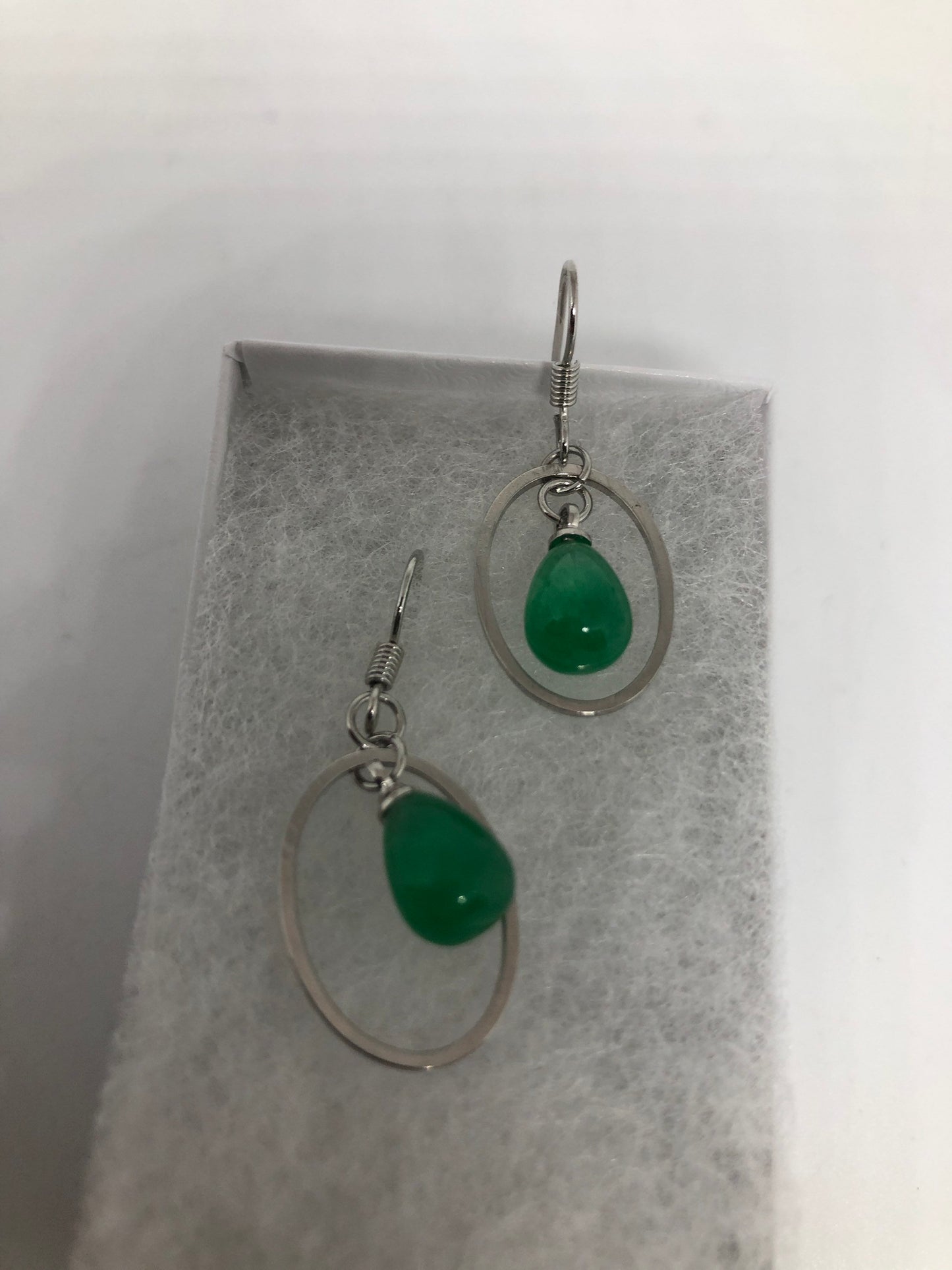 Vintage Fun Green Jade Gemstone Silver Bronze Earrings