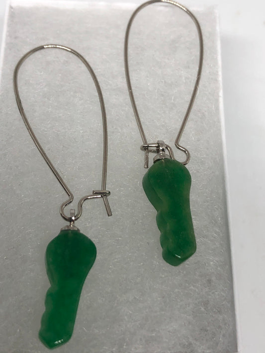 Vintage Fun Green Jade Gemstone Silver Bronze Earrings