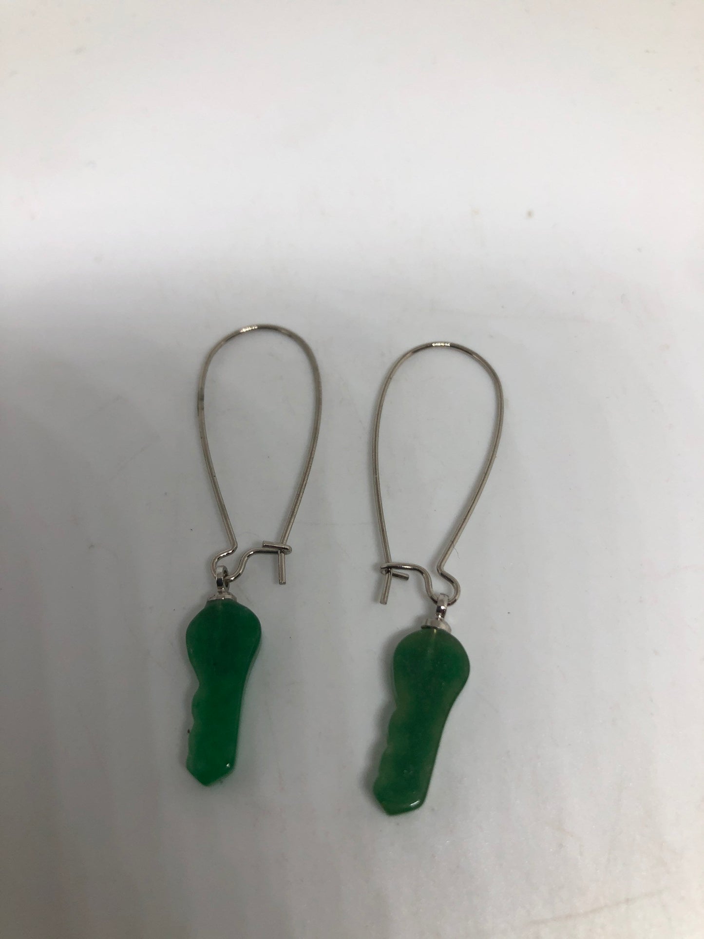 Vintage Fun Green Jade Gemstone Silver Bronze Earrings