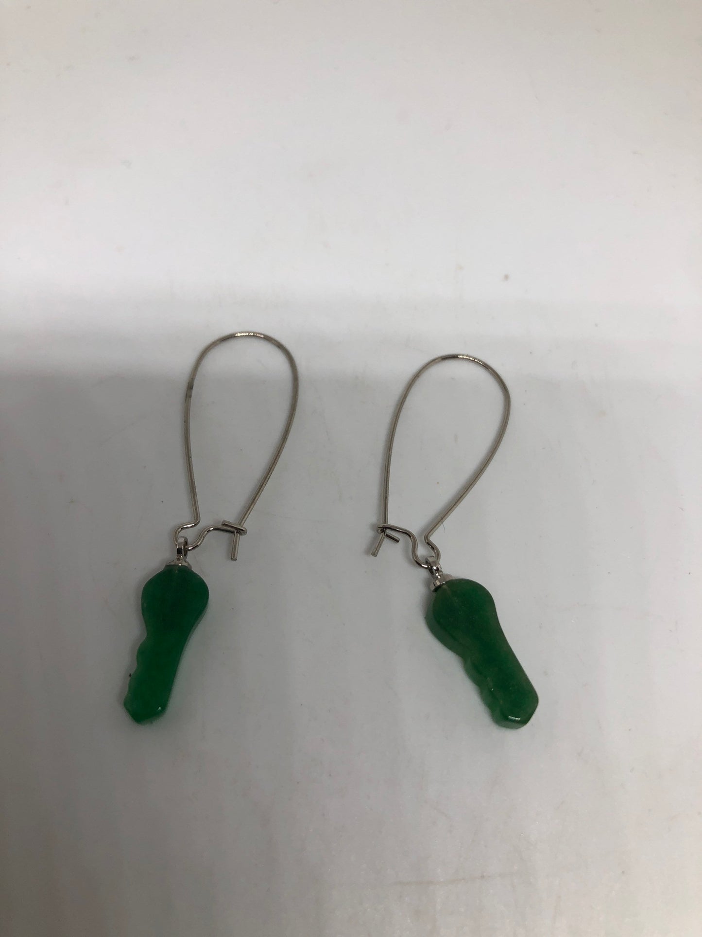 Vintage Fun Green Jade Gemstone Silver Bronze Earrings