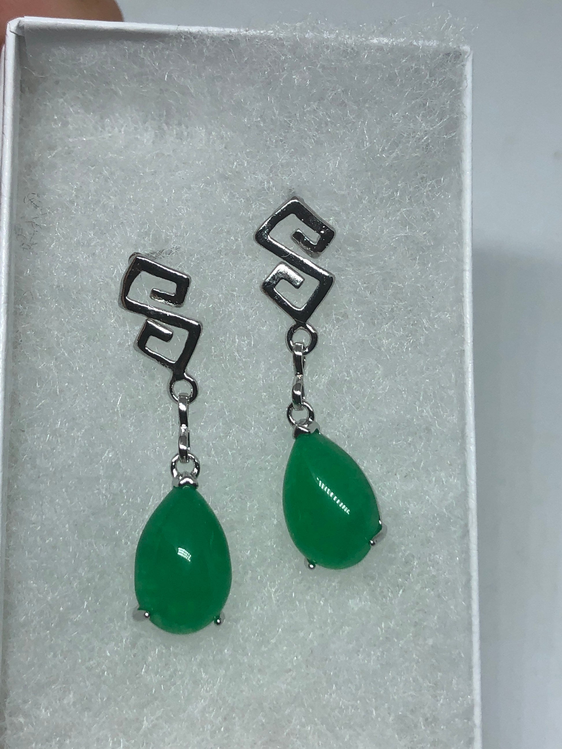 Vintage Fun Green Jade Gemstone Silver Bronze Earrings