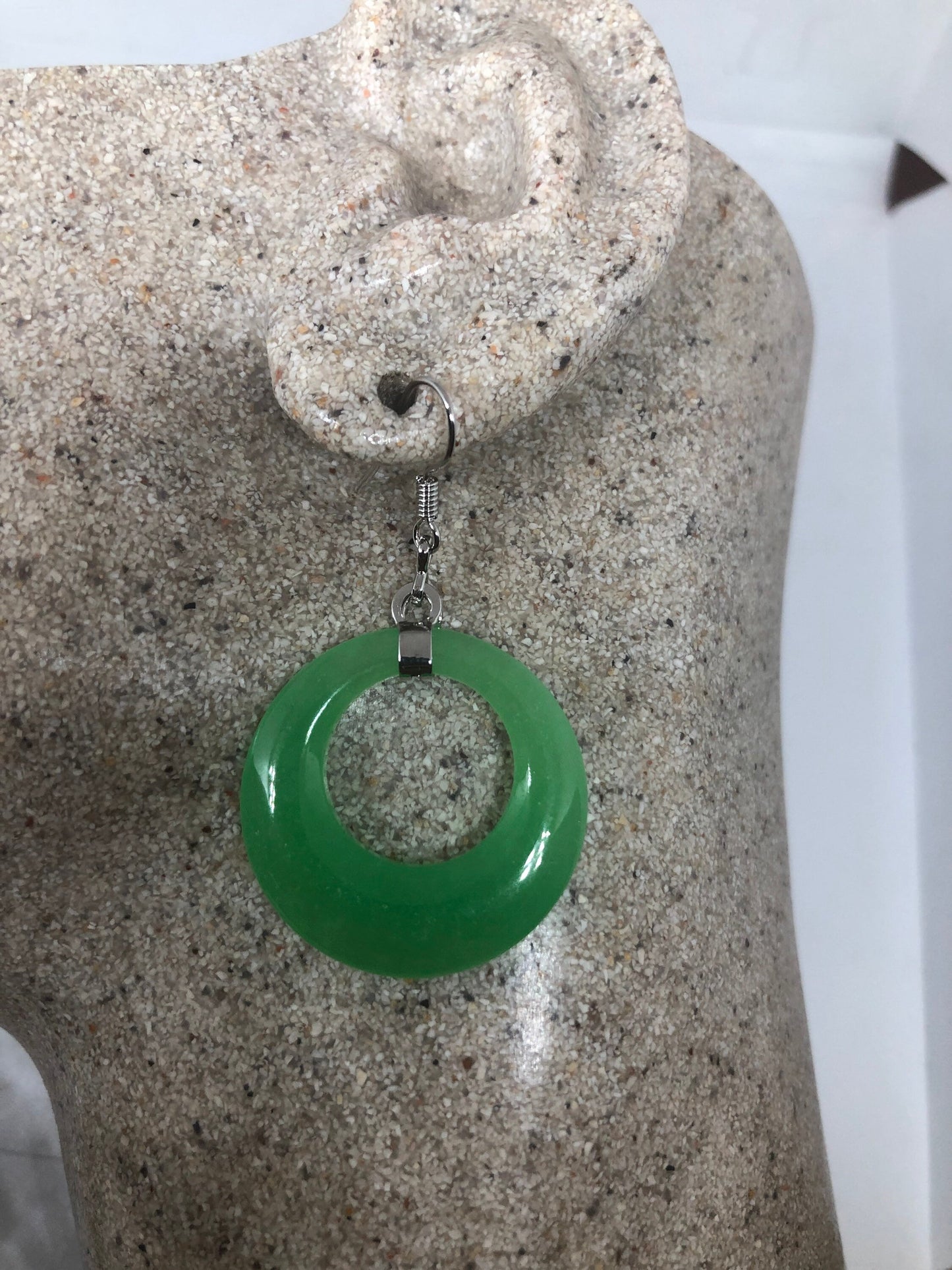 Vintage Fun Green Jade Gemstone Silver Bronze Earrings