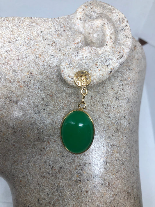 Vintage Fun Green Jade Gemstone Gold Rhodium Bronze Earrings