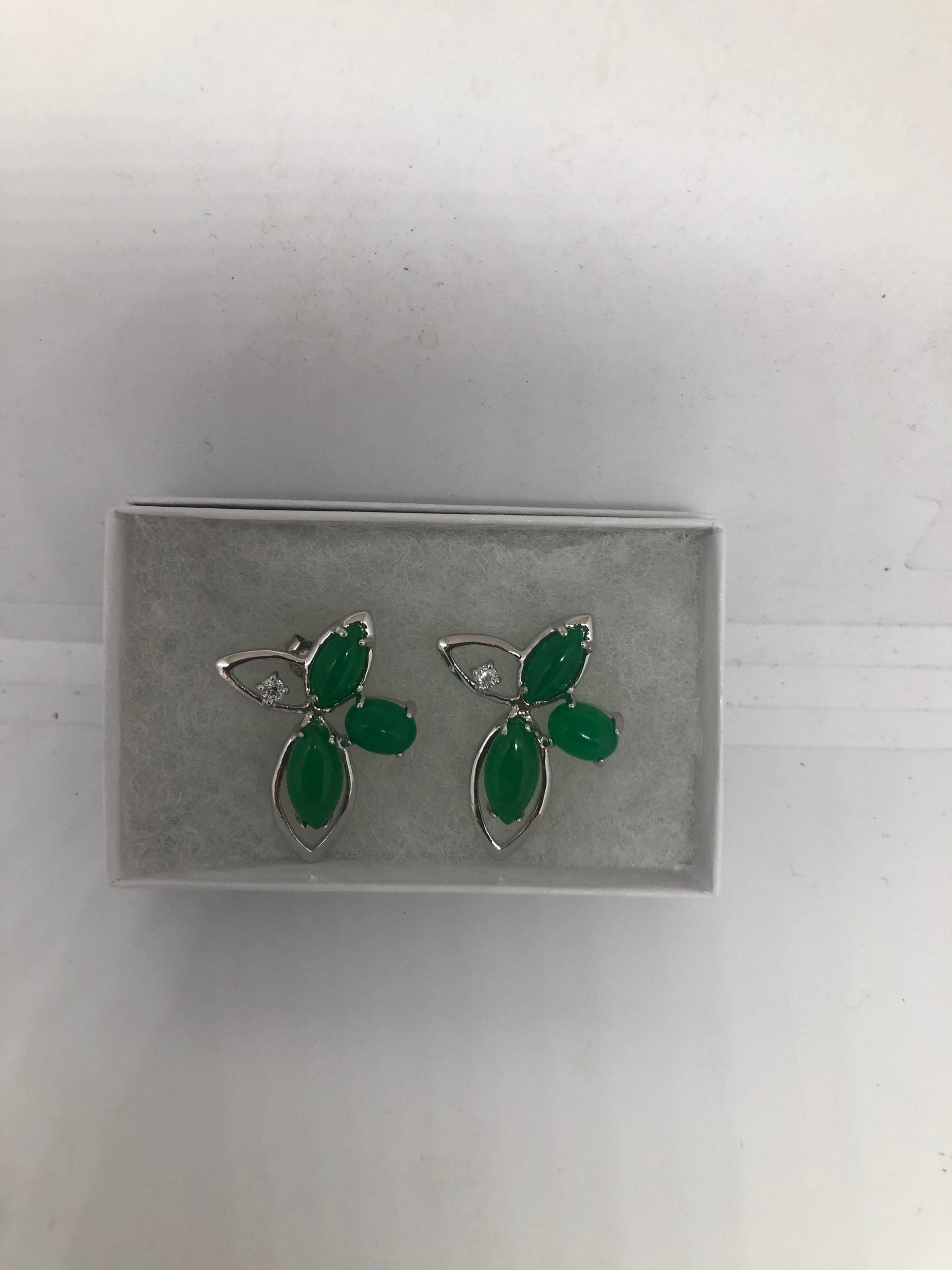 Vintage Fun Green Jade Gemstone Silver Bronze Stud Earrings