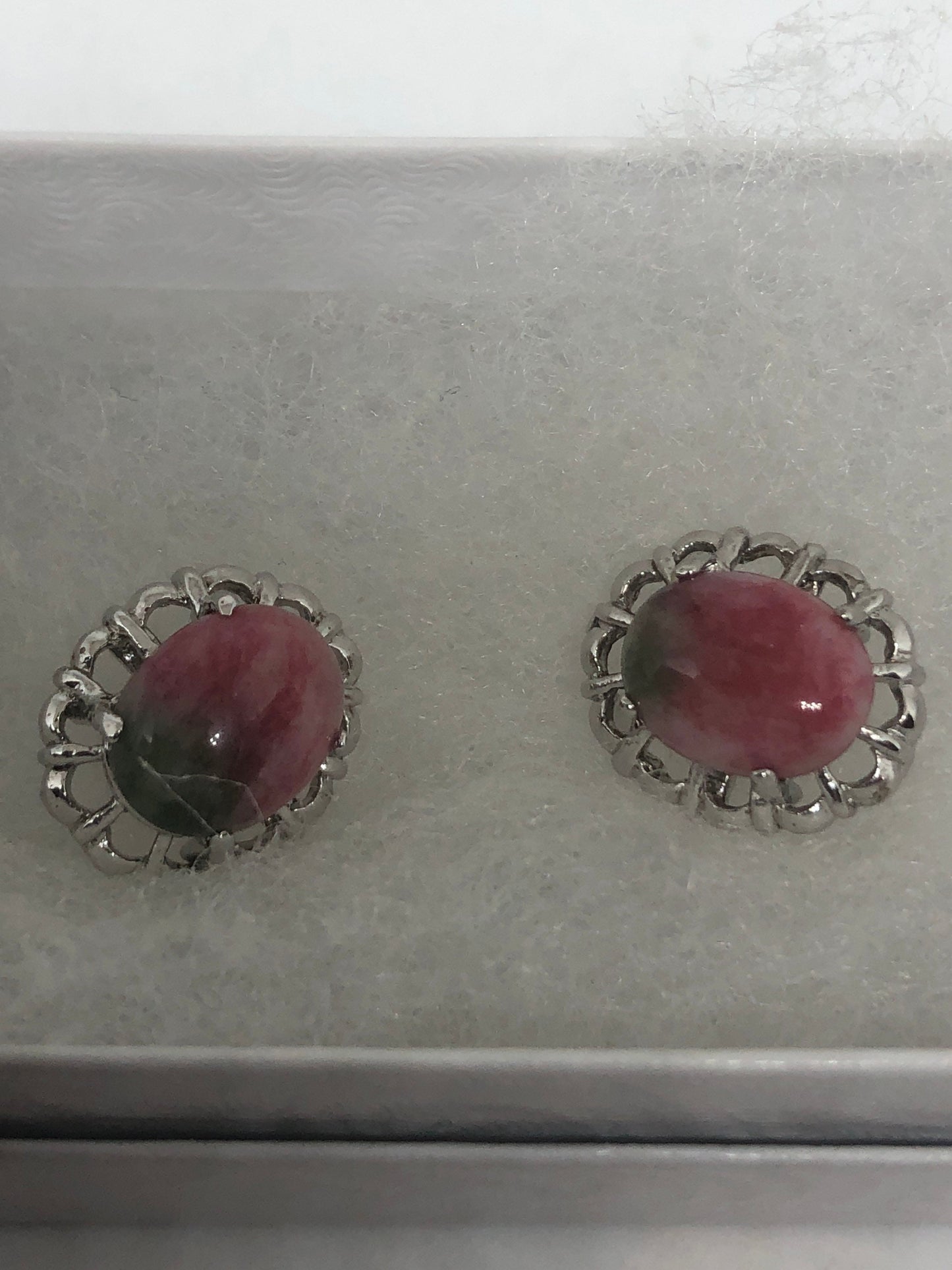 Genuine Ruby Zoisite Gemstone Silver Bronze Stud Earrings