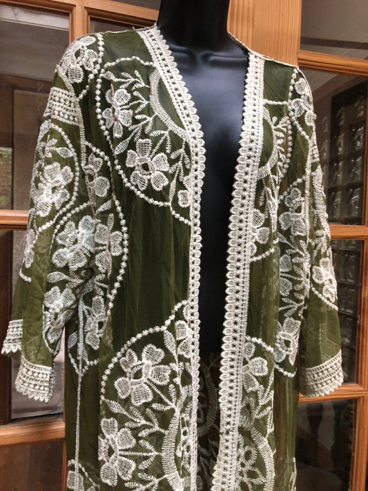 Vintage Style Olive Green Embroidered kimono jacket