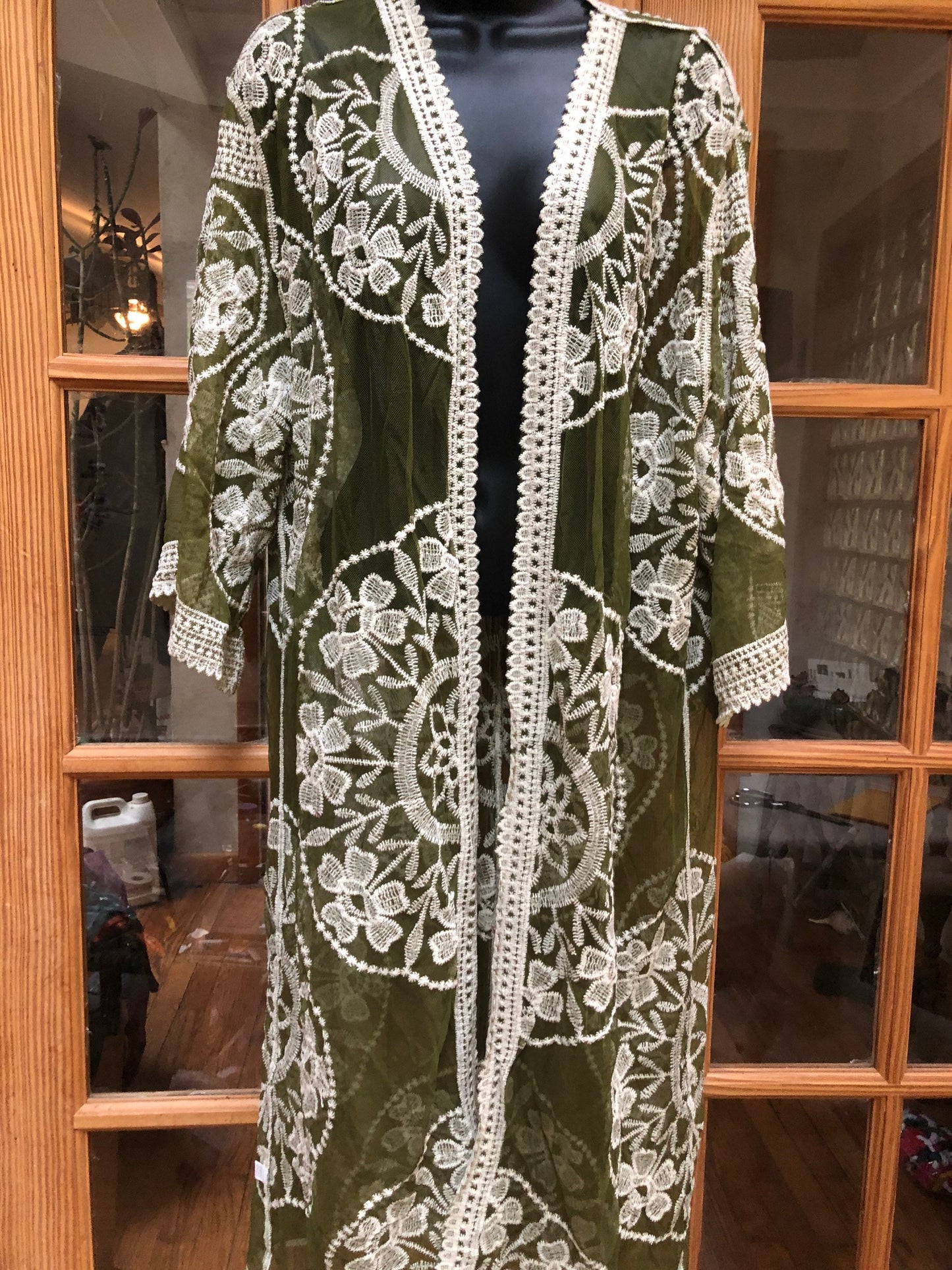Vintage Style Olive Green Embroidered kimono jacket