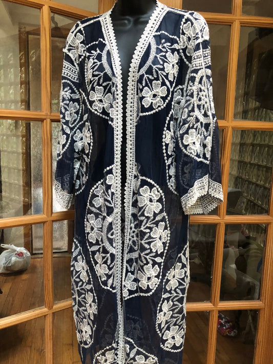 Vintage Style Navy Blue Embroidered kimono jacket