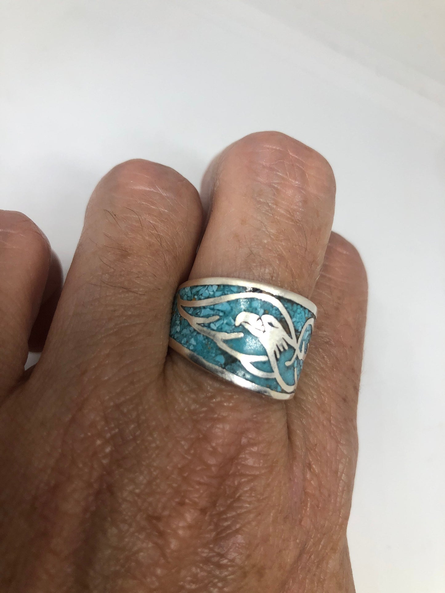 Vintage Native American Style Southwestern Turquoise Stone Inlay Mens Hawk Ring