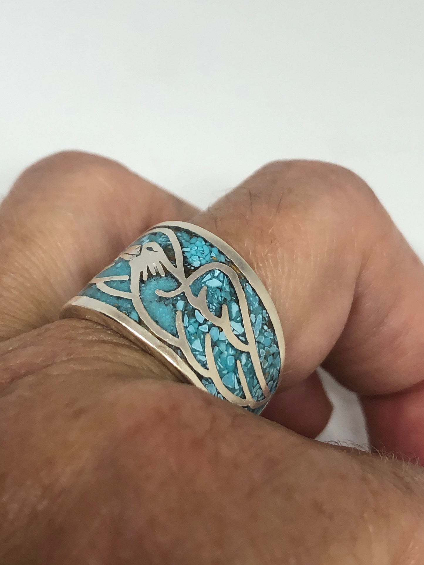 Vintage Native American Style Southwestern Turquoise Stone Inlay Mens Hawk Ring