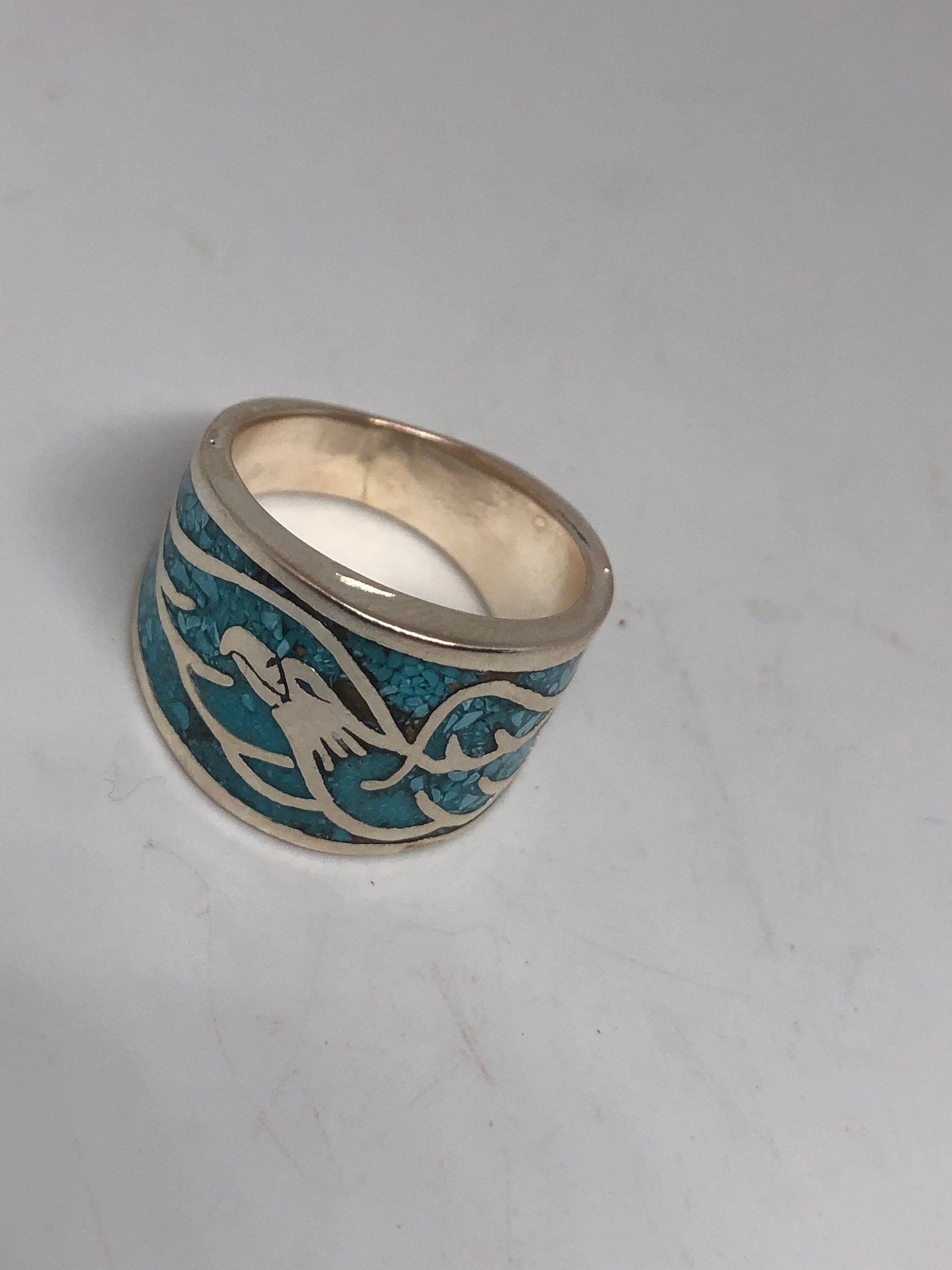 Vintage Native American Style Southwestern Turquoise Stone Inlay Mens Hawk Ring