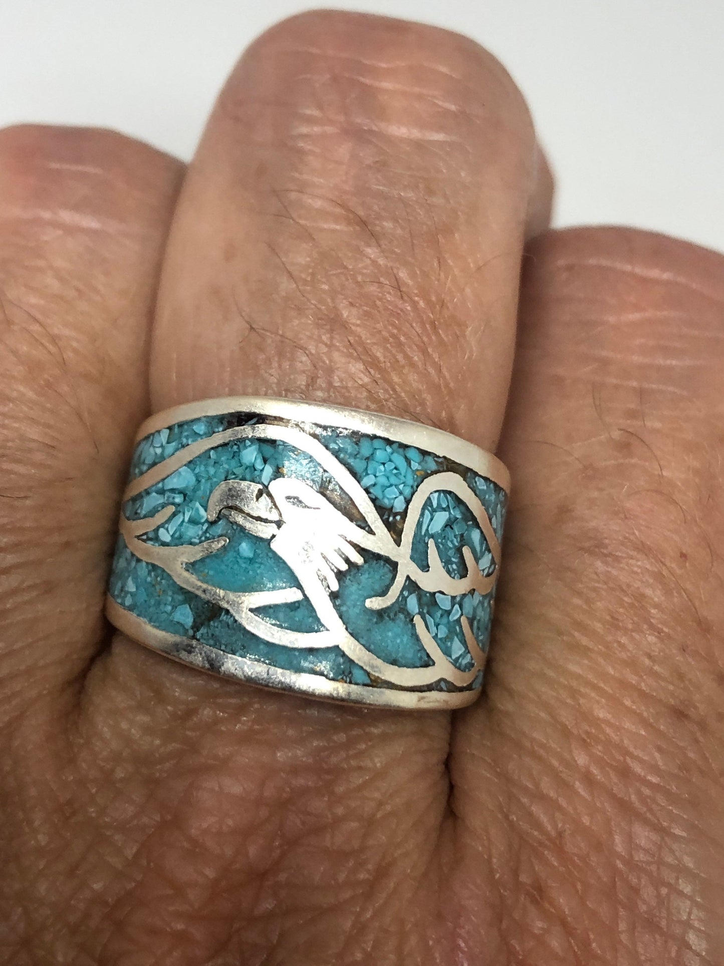 Vintage Native American Style Southwestern Turquoise Stone Inlay Mens Hawk Ring