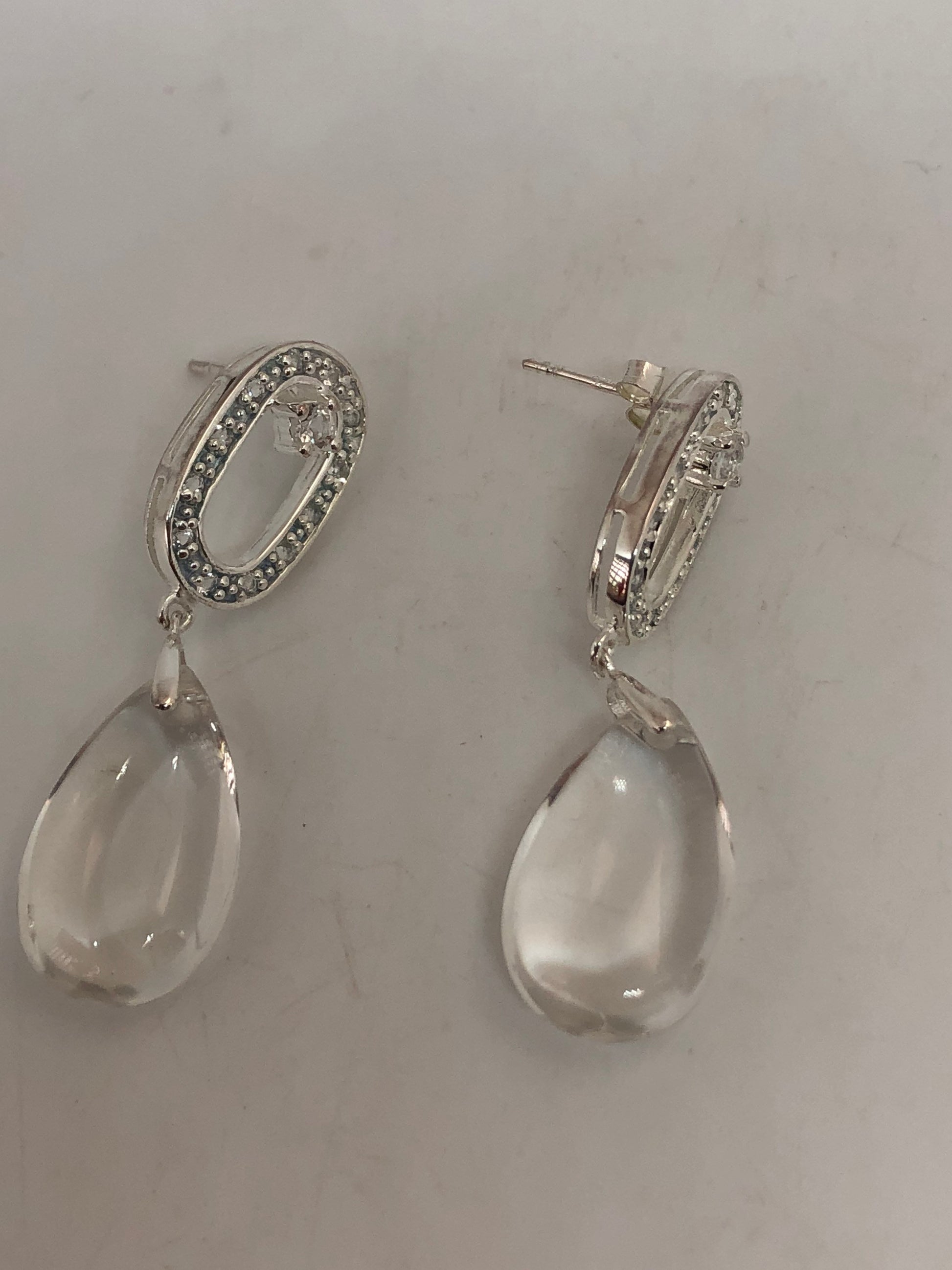 Vintage Genuine White Sapphire Clear Quartz 925 Sterling Silver Dangle Earrings