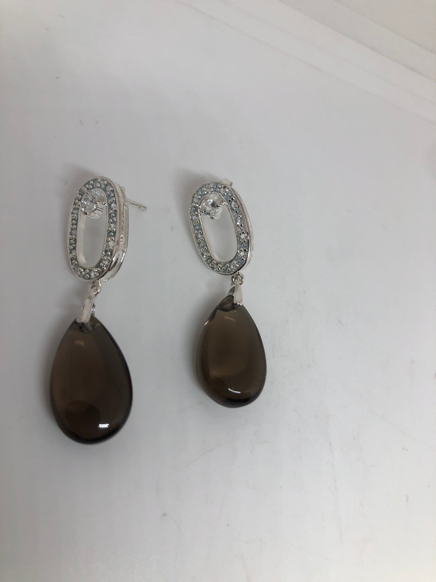 Vintage Genuine White Sapphire Smoky Quartz 925 Sterling Silver Dangle Earrings