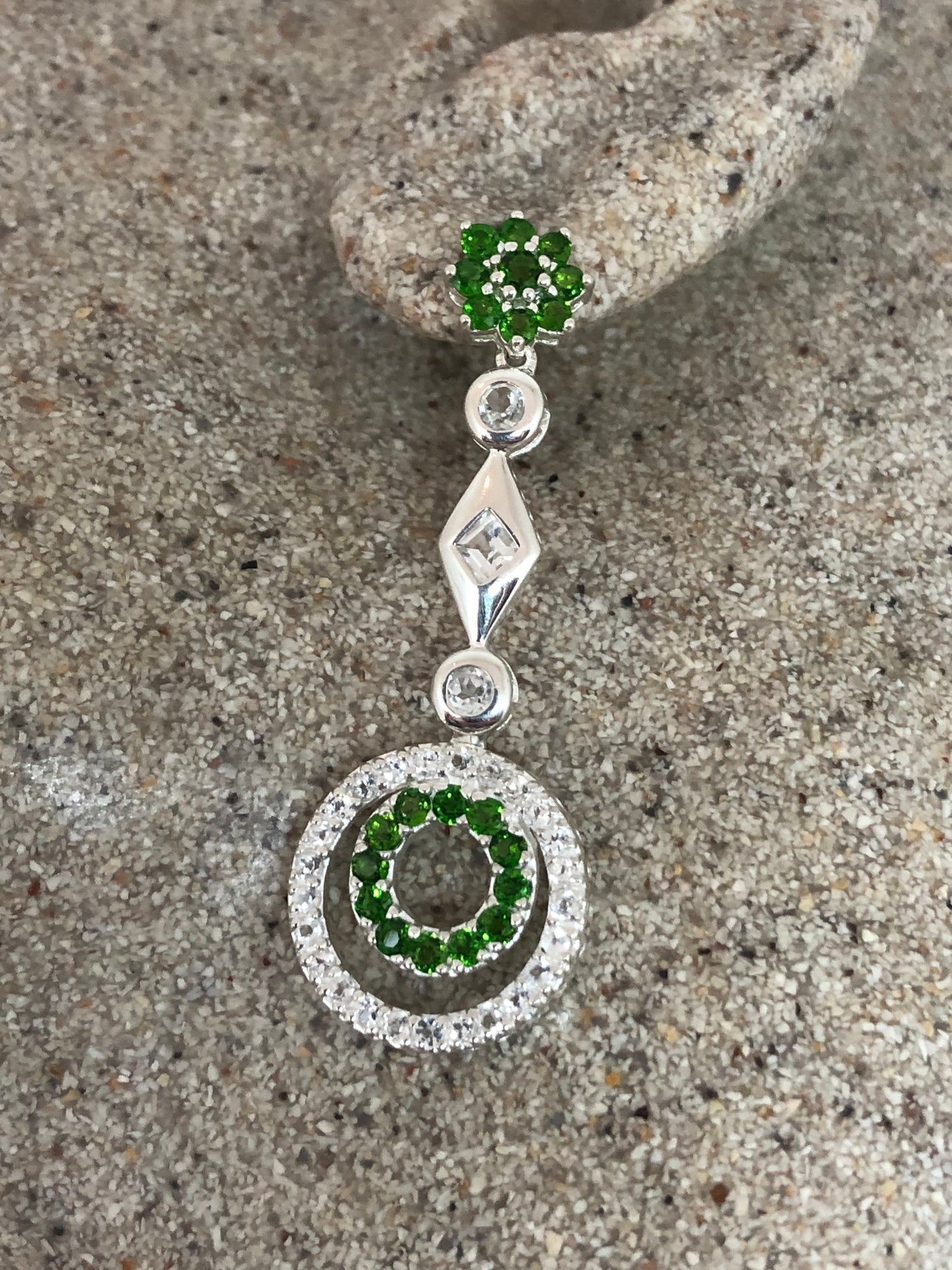Vintage 925 Sterling Silver Chrome Diopside White Sapphire Chandelier Earrings