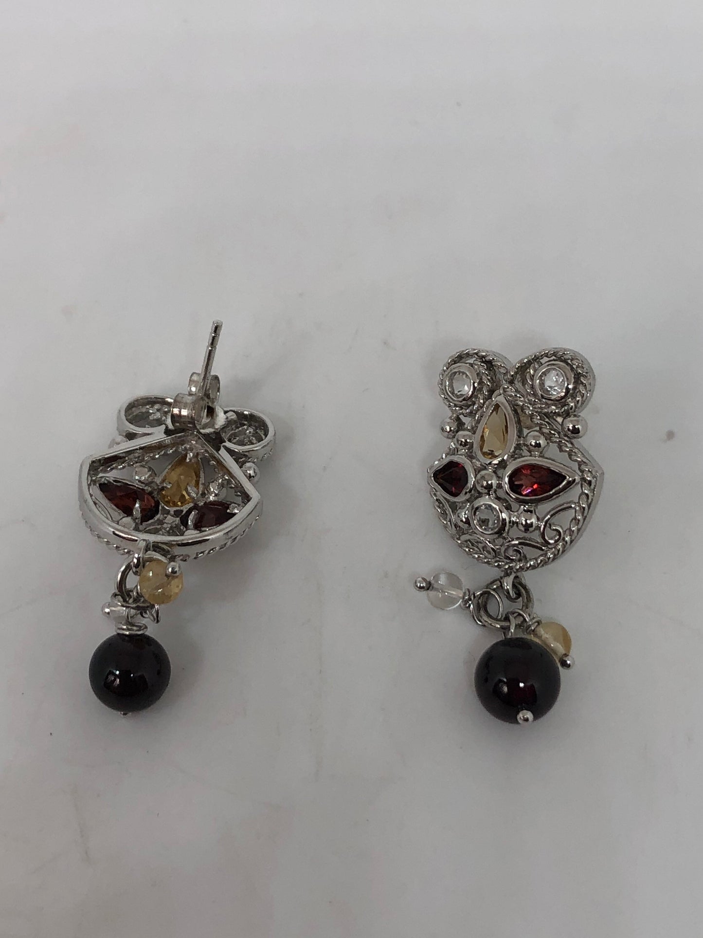 Vintage Handmade 925 Sterling Silver Bohemian Garnet Flower Drop Earrings