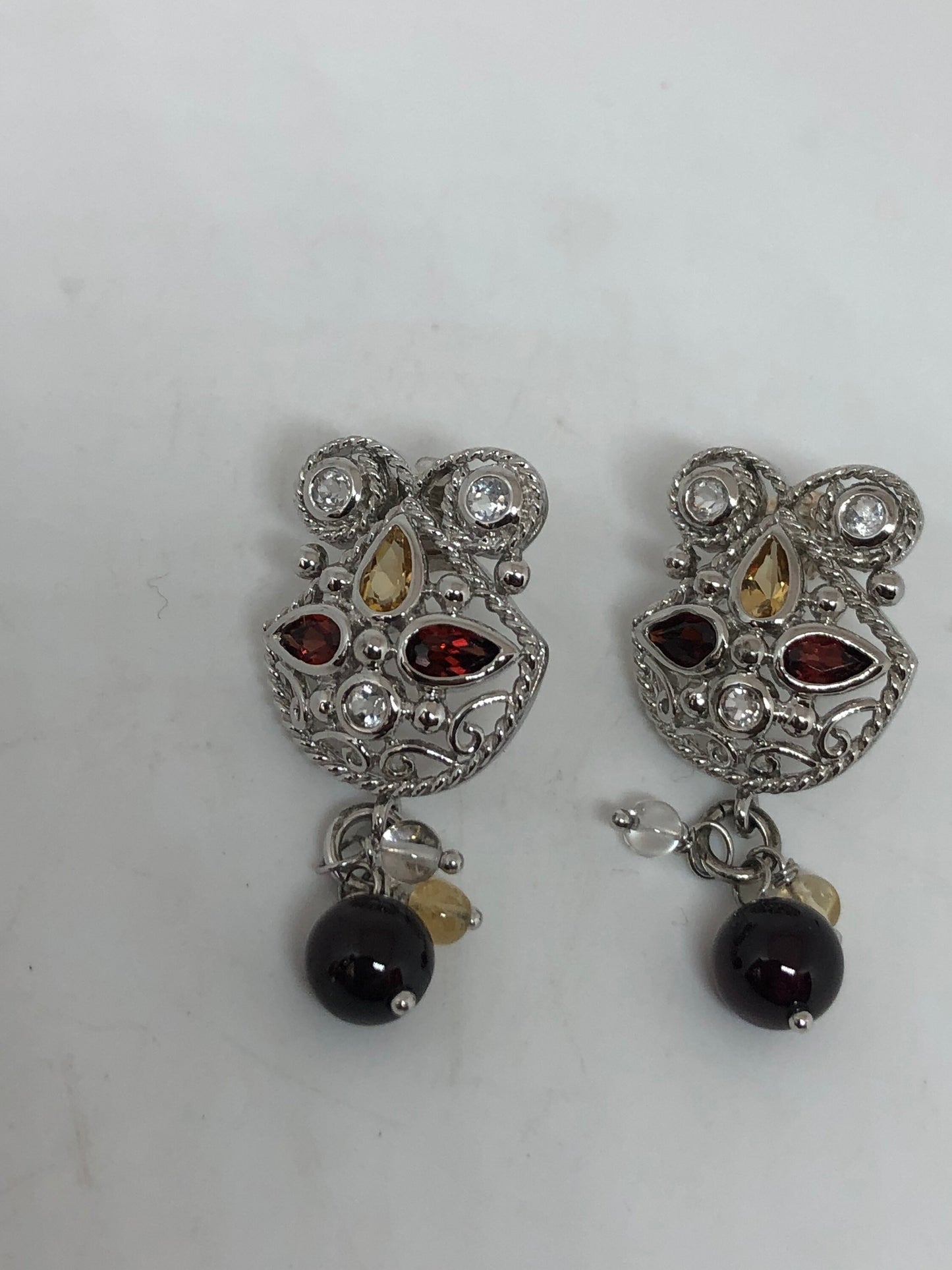 Vintage Handmade 925 Sterling Silver Bohemian Garnet Flower Drop Earrings