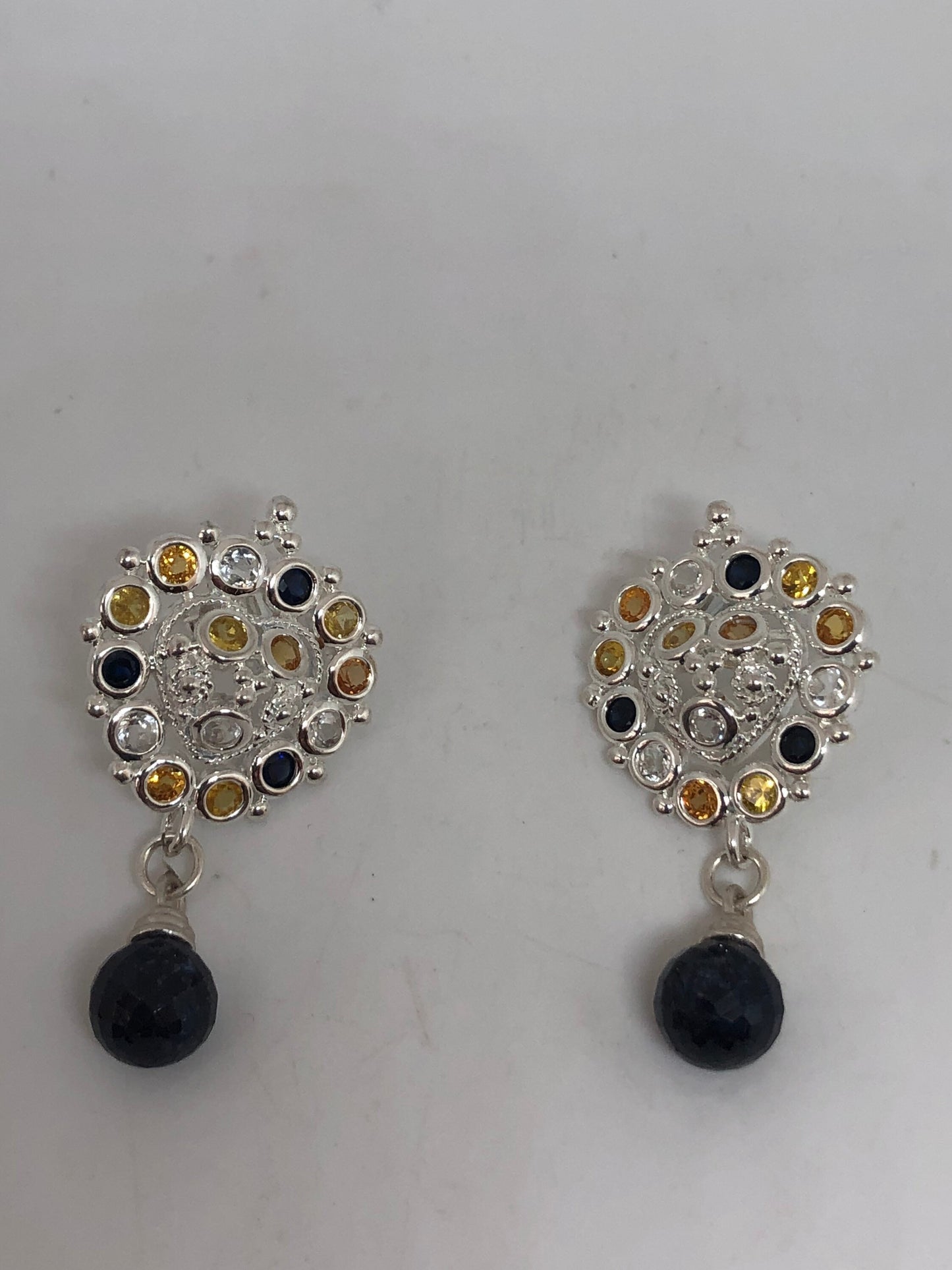 Vintage Blue Sapphire Citrine HEart Chandelier Earrings 925 Sterling Silver