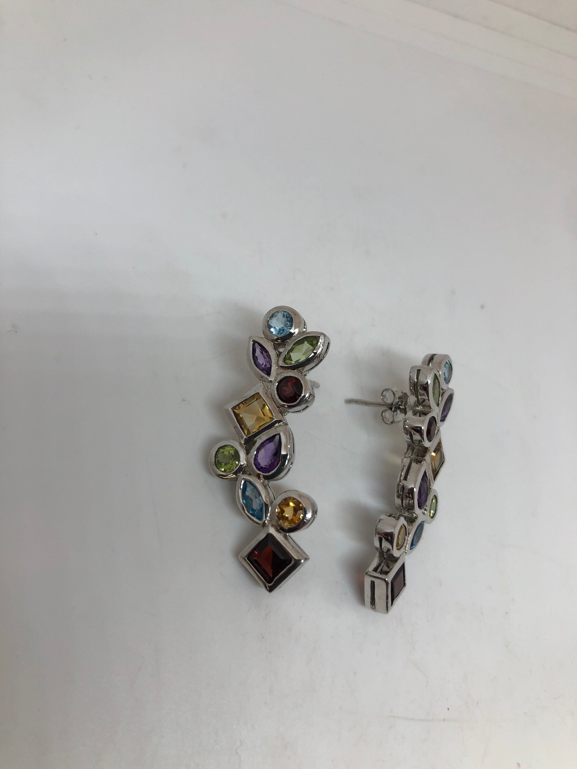 Vintage Mixed Genuine Gemstone Filigree 925 Sterling Silver Dangle button Earrings