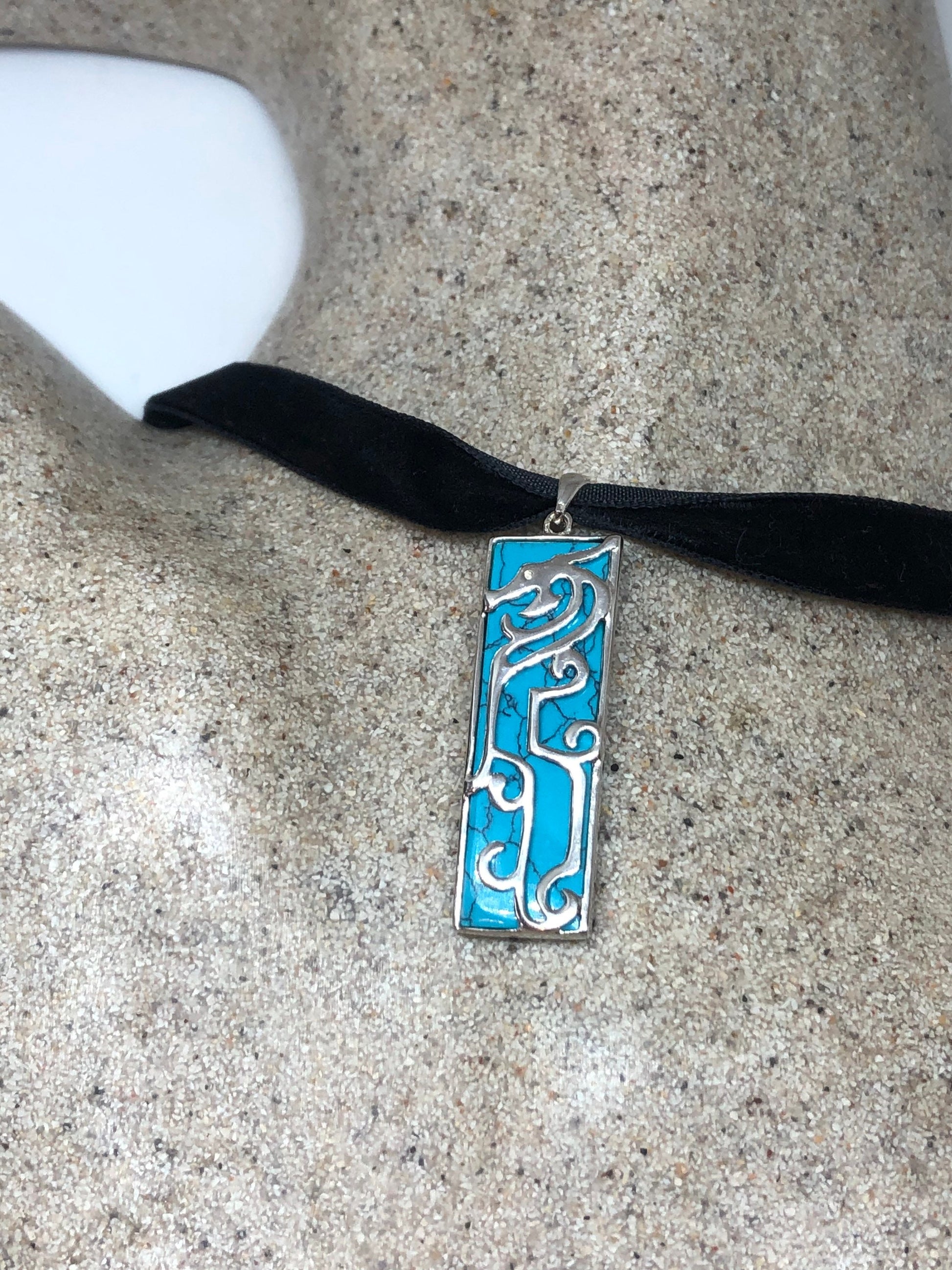 Vintage 925 Sterling Silver Persian Blue Turquoise Vine Pendant Necklace