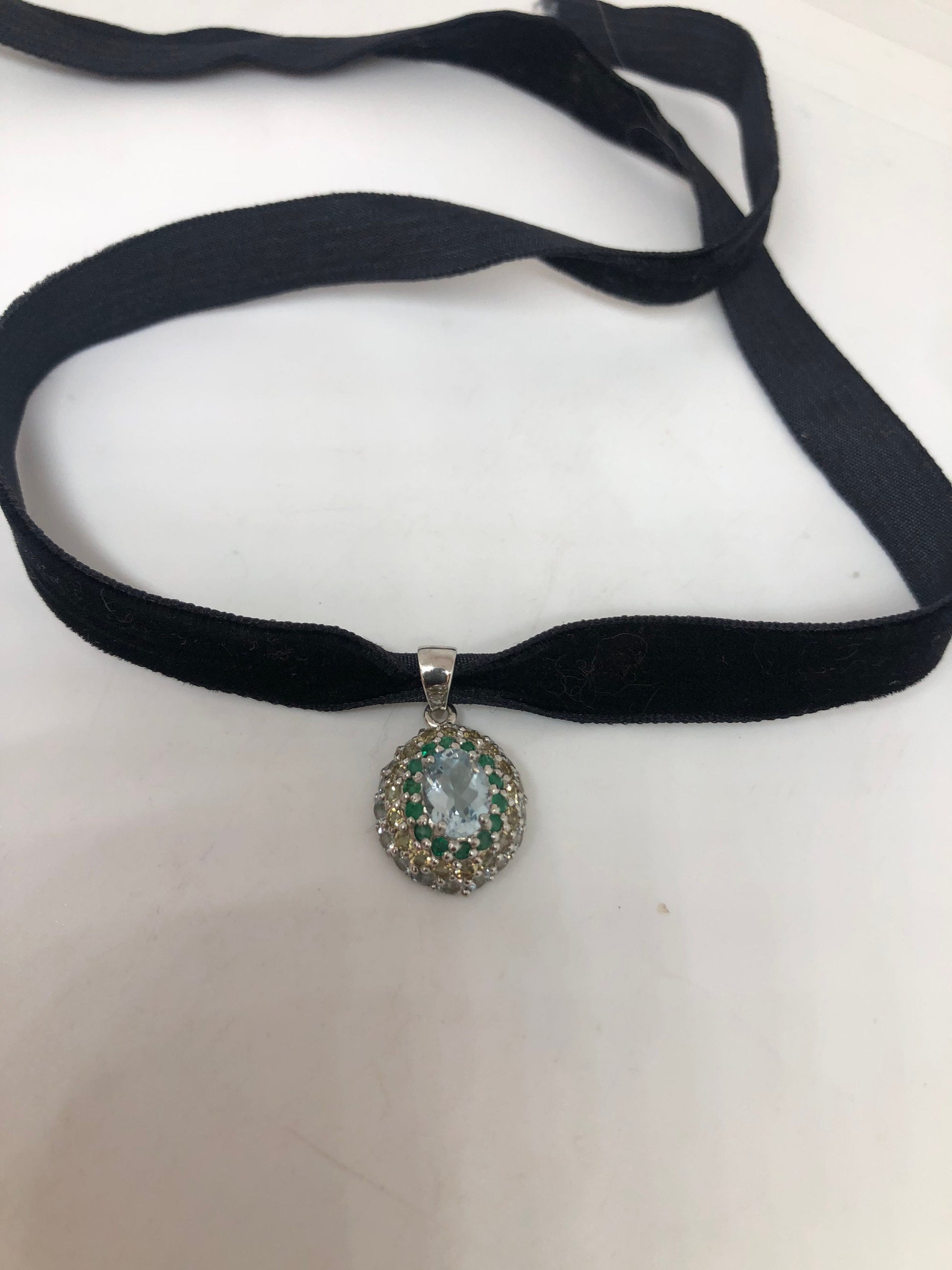 Vintage Blue Topaz Emerald Citrine Choker 925 Sterling Silver Necklace Pendant