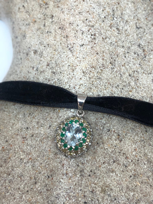 Vintage Blue Topaz Emerald Citrine Choker 925 Sterling Silver Necklace Pendant