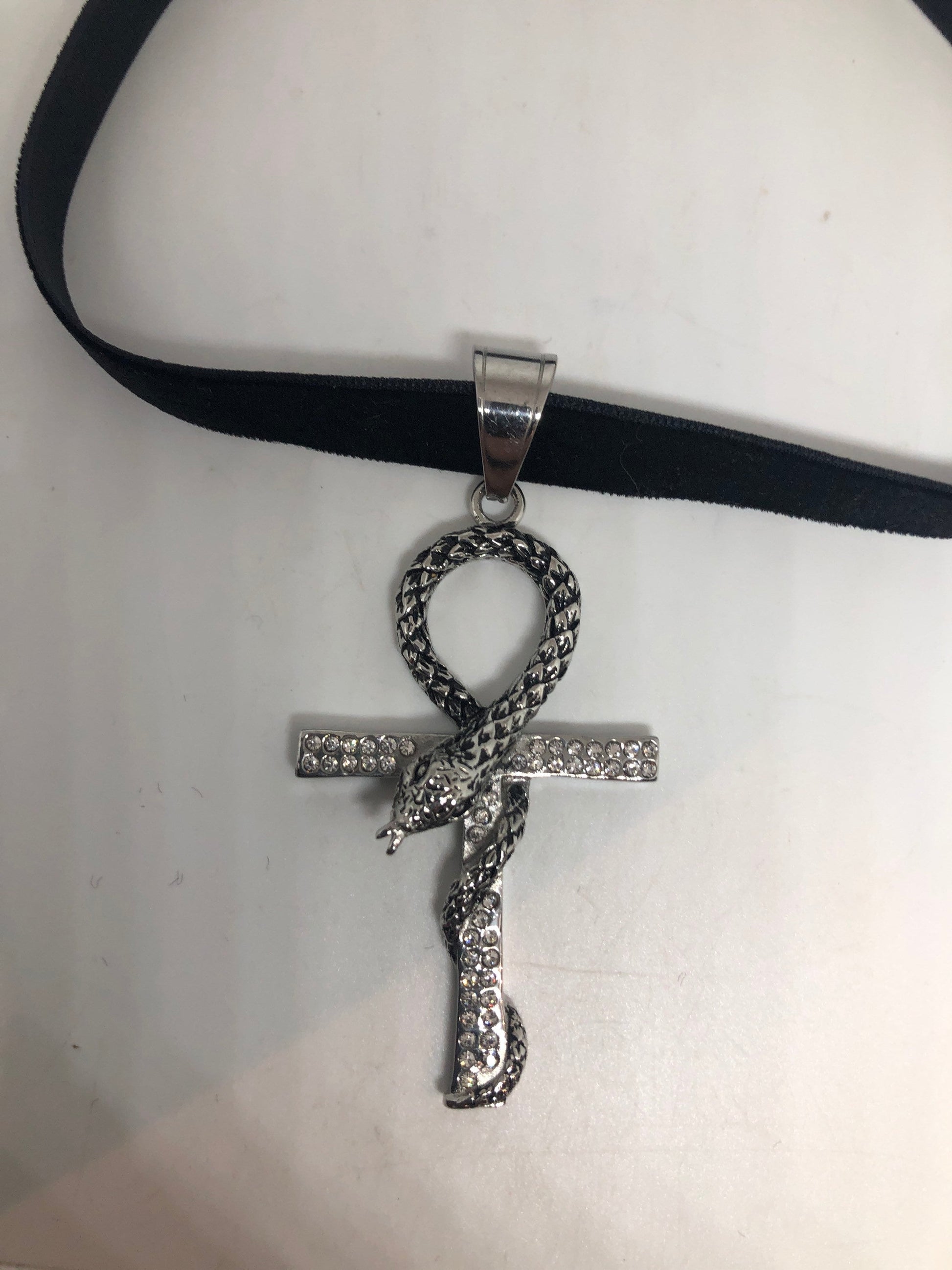 Vintage Stainless Steel Snake Ankh Pendant Necklace