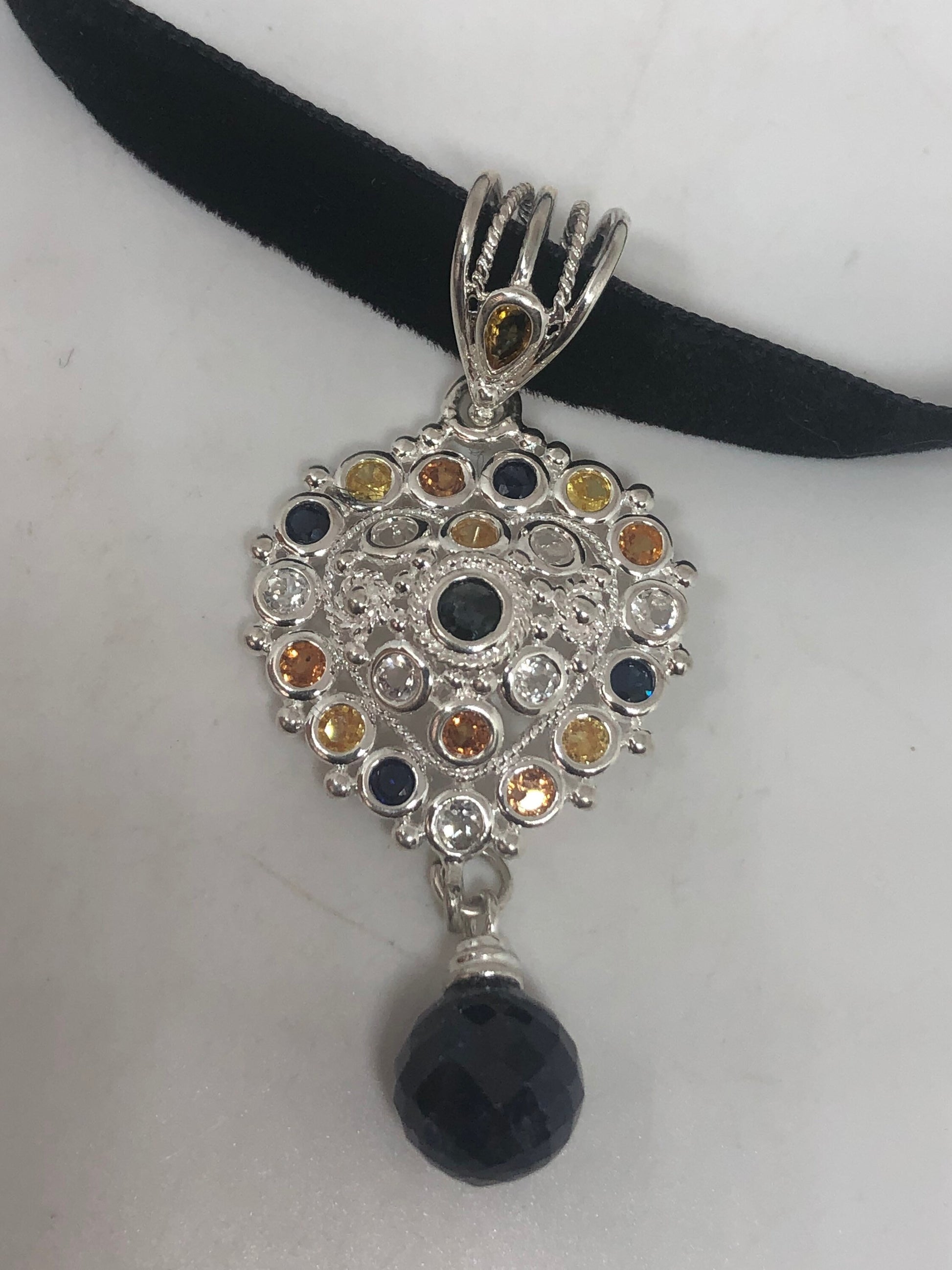 Vintage Blue Sapphire Citrine Heart Choker Antique 925 Sterling Silver Necklace