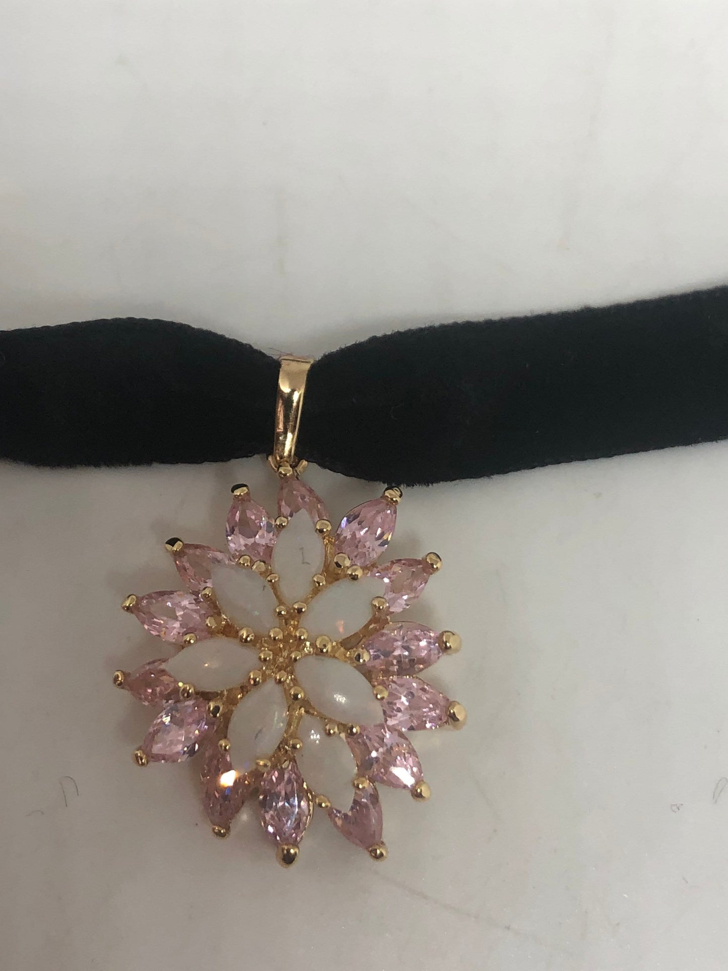 Vintage Opal Pink CZ Choker Sterling Silver Pendant Necklace