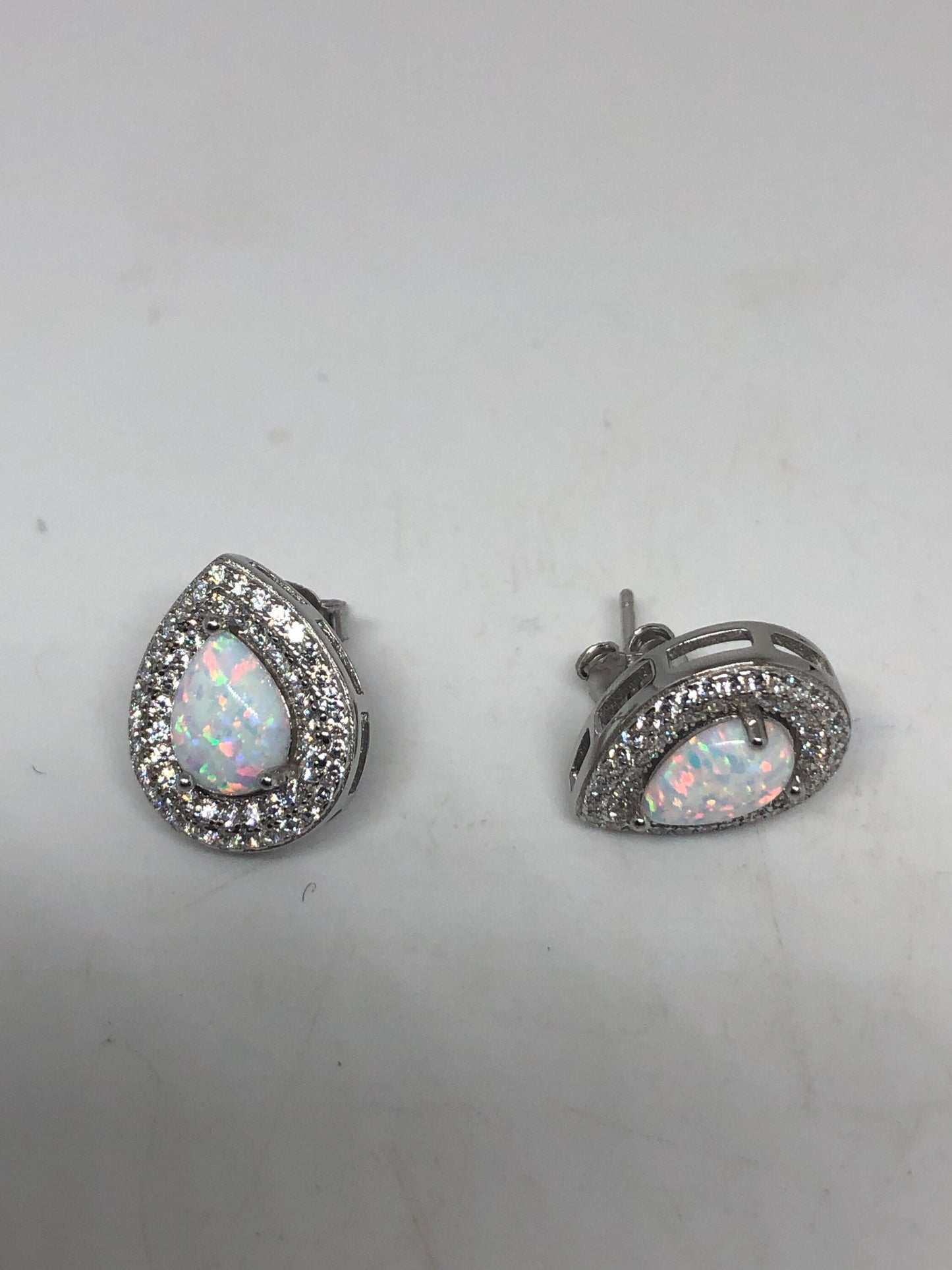 Vintage Blue Opal Earrings 925 Sterling Silver Stud Button