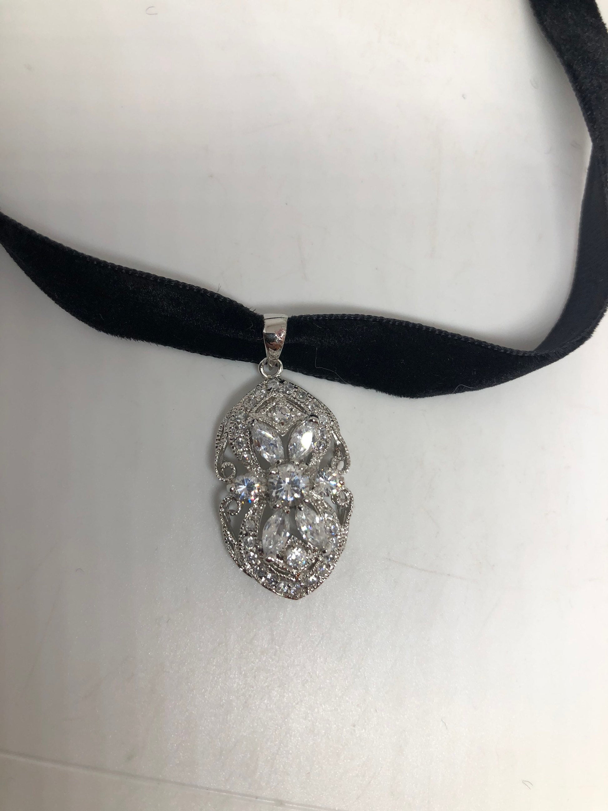 Vintage White Sapphire Choker 925 Sterling Silver Deco Pendant Necklace