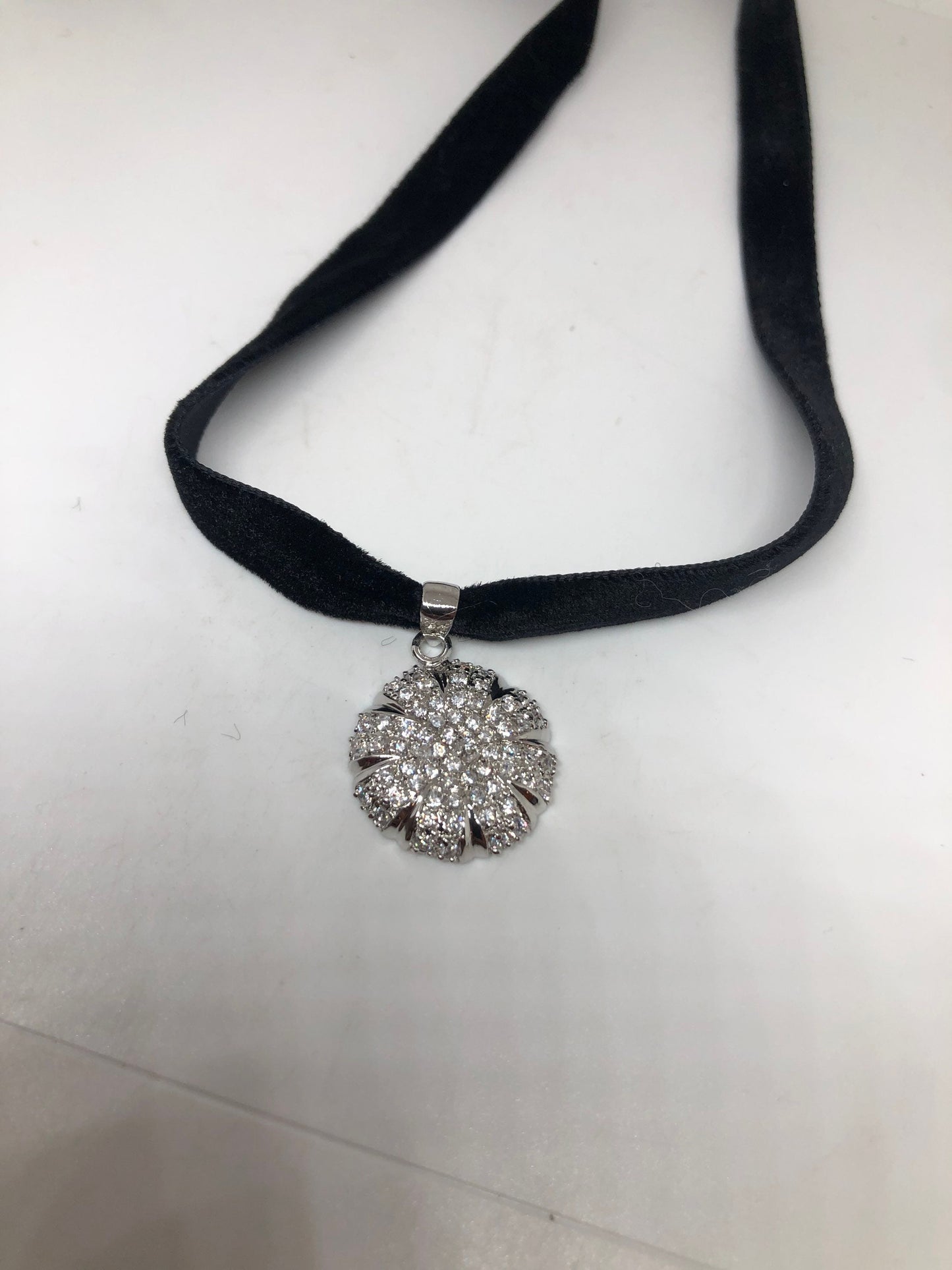 Vintage White Sapphire Choker 925 Sterling Silver Deco Pendant Necklace