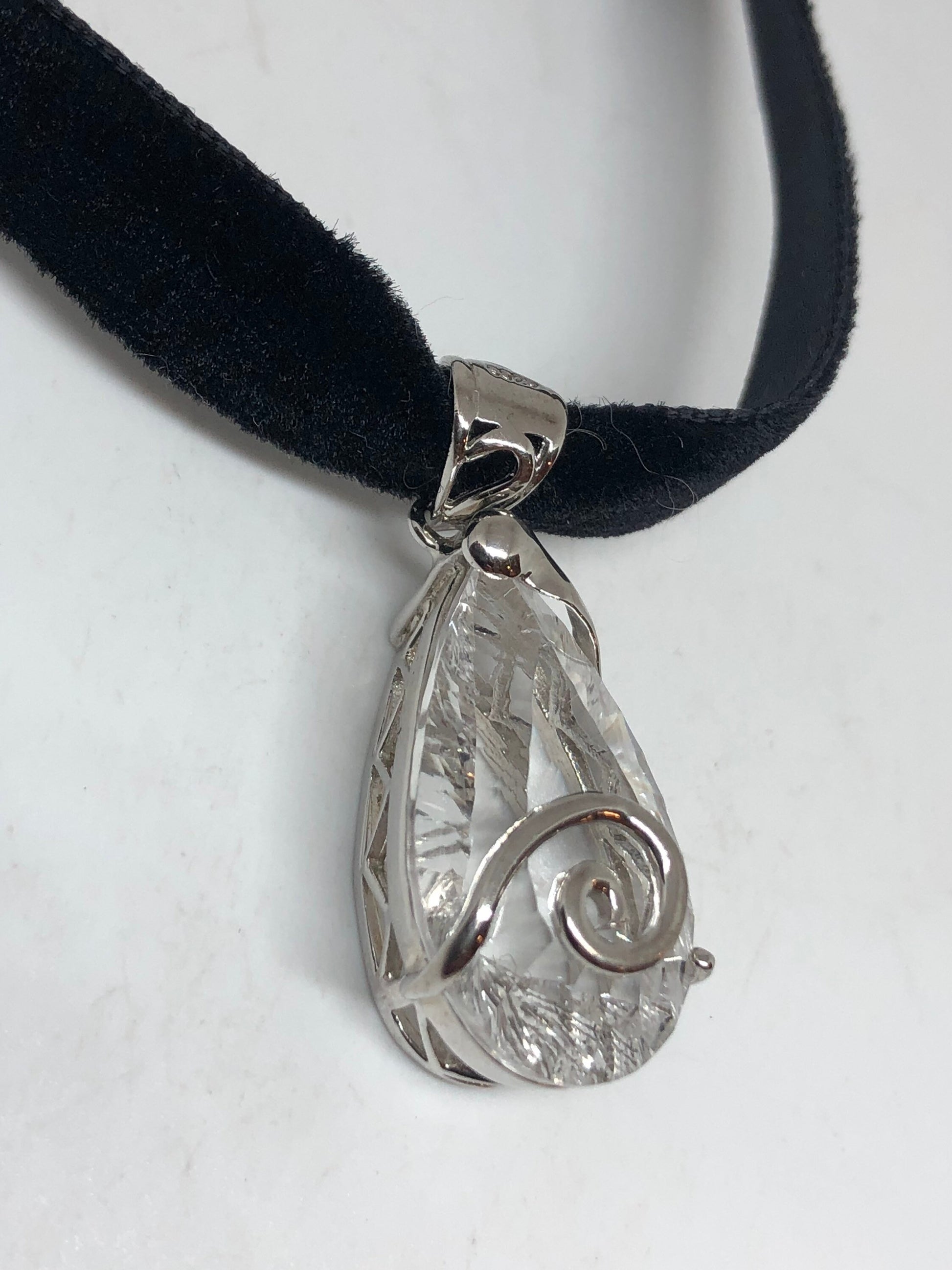 Vintage Clear Quartz Choker 925 Sterling Silver Deco Pendant Necklace
