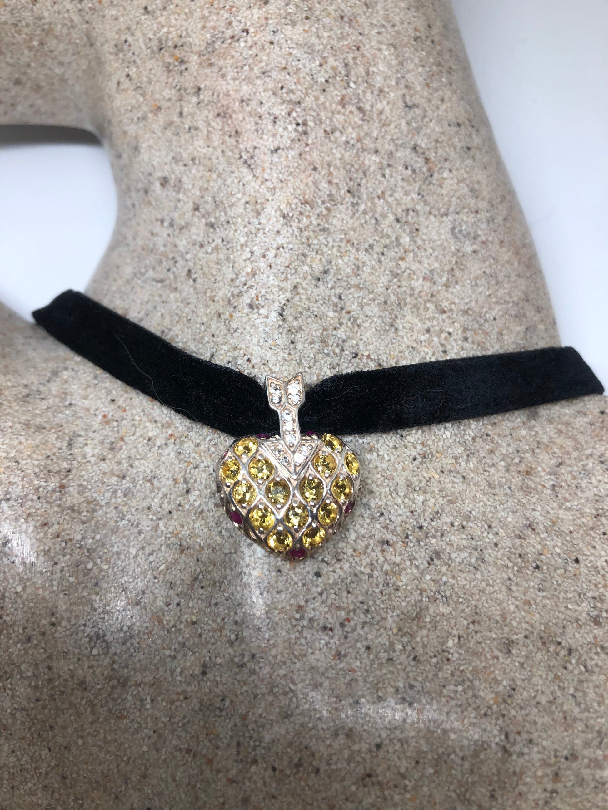 Vintage Golden Citrine Heart Pendant 925 Sterling Silver Choker Necklace