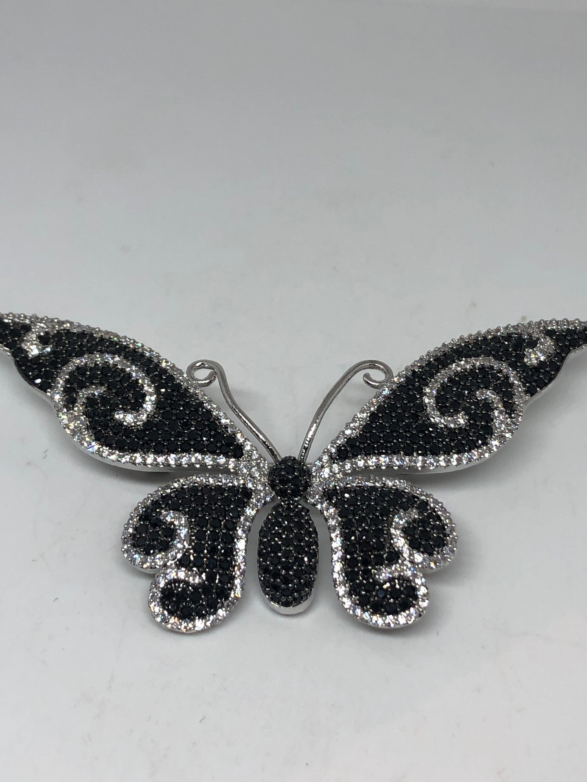 Vintage Black Crystal Gothic Styled Silver Finished Butterfly Broach