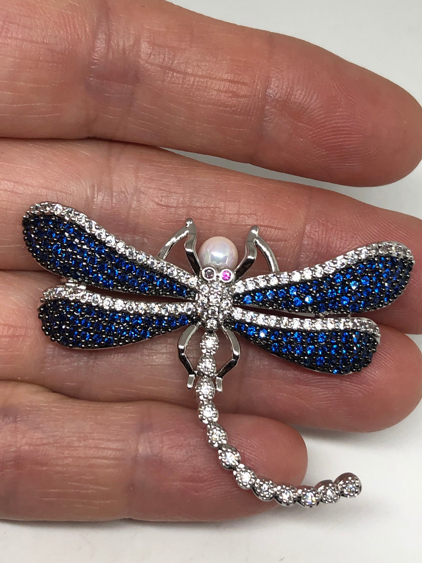Vintage Blue Crystal Gothic Styled Silver Finished Dragonfly Necklace Broach
