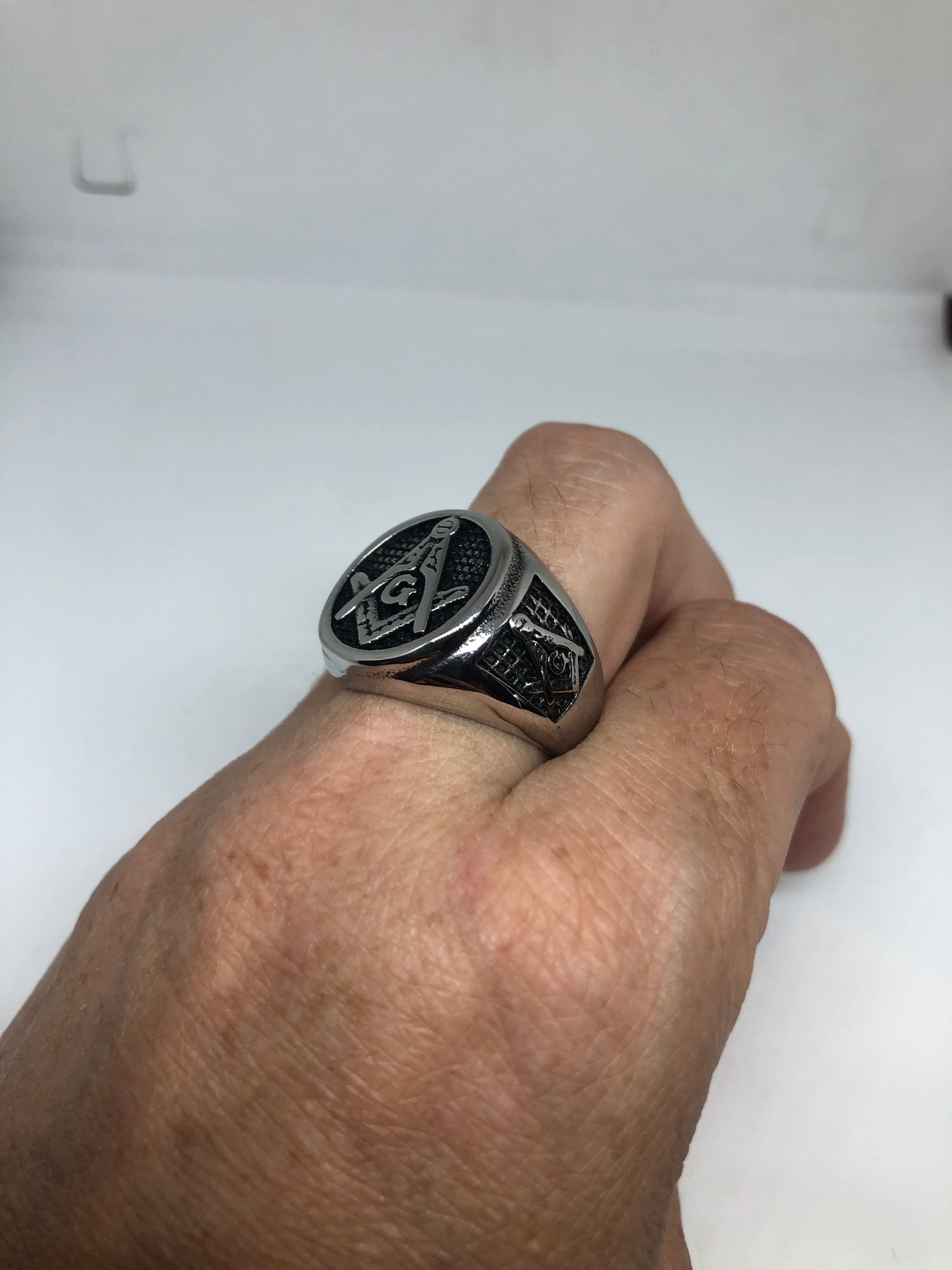 Vintage Gothic Stainless Steel Free Mason G Mens Ring