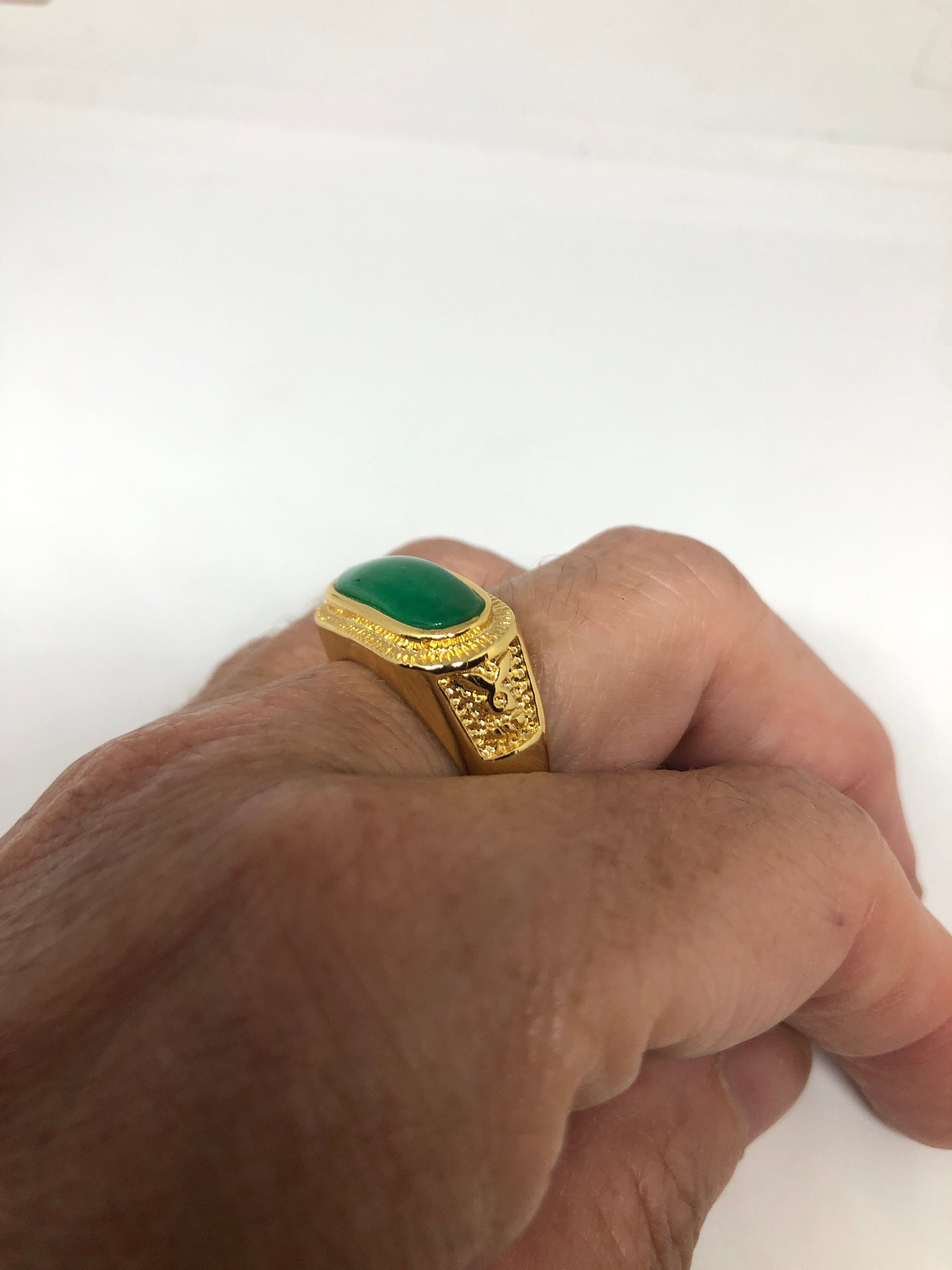 Vintage Lucky Green Nephrite Jade Gold Rhodium ring