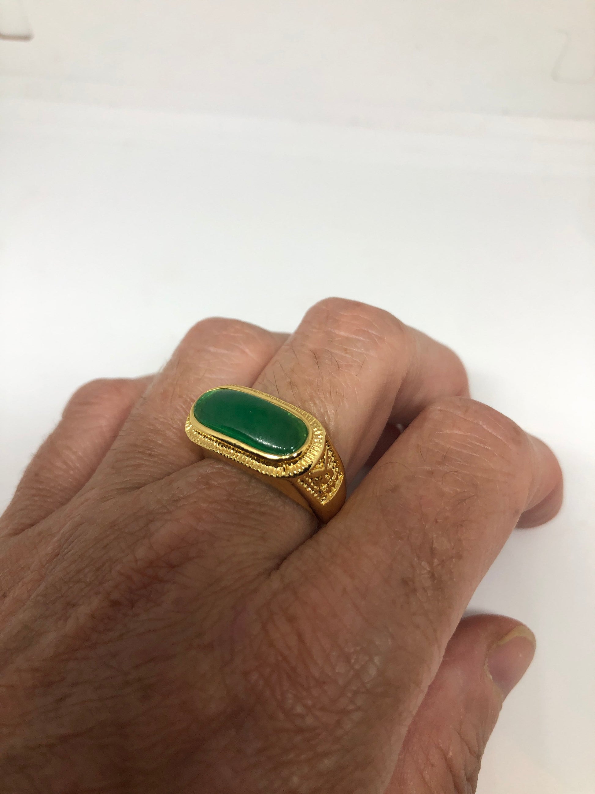 Vintage Lucky Green Nephrite Jade Gold Rhodium ring