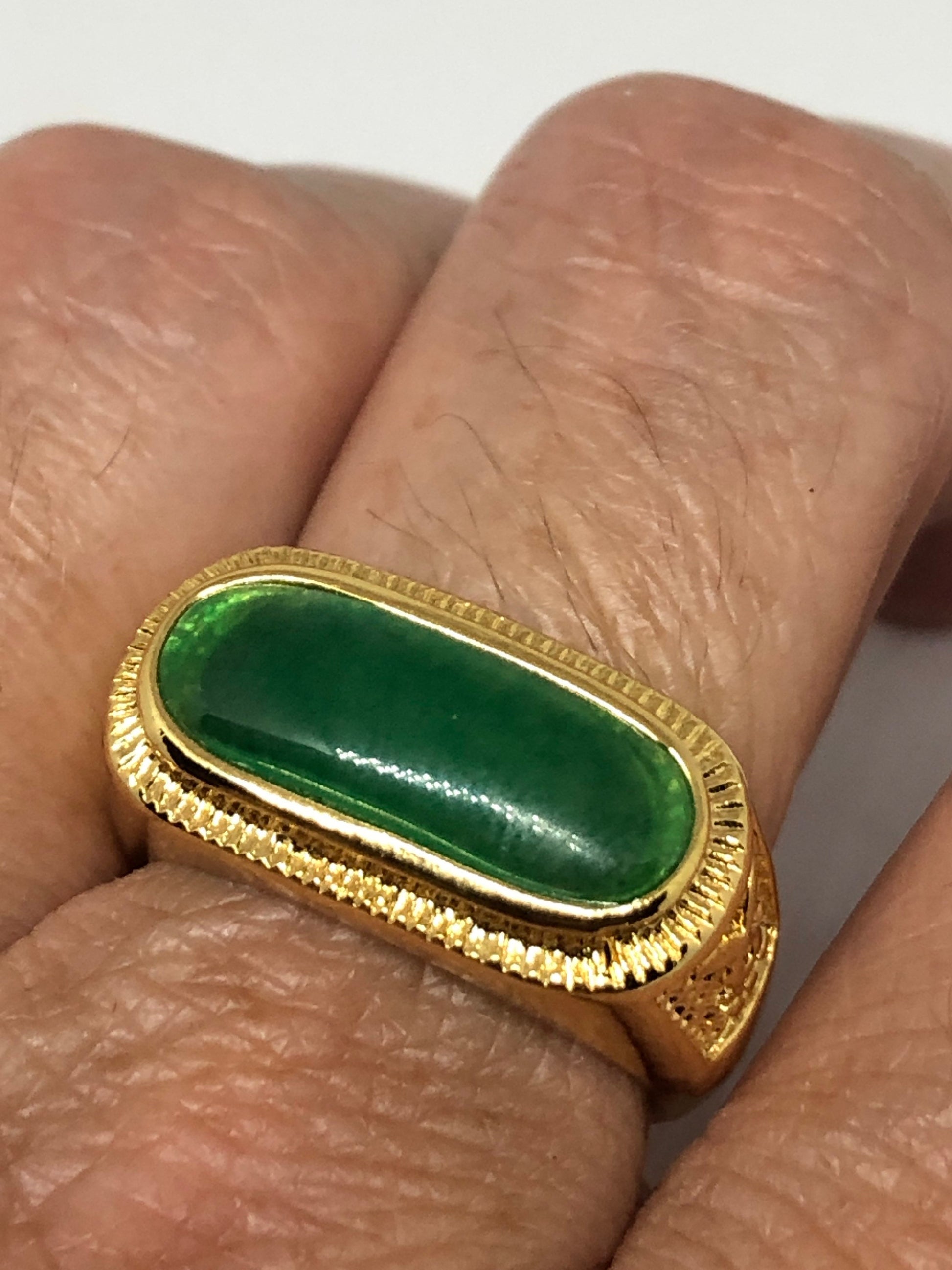 Vintage Lucky Green Nephrite Jade Gold Rhodium ring