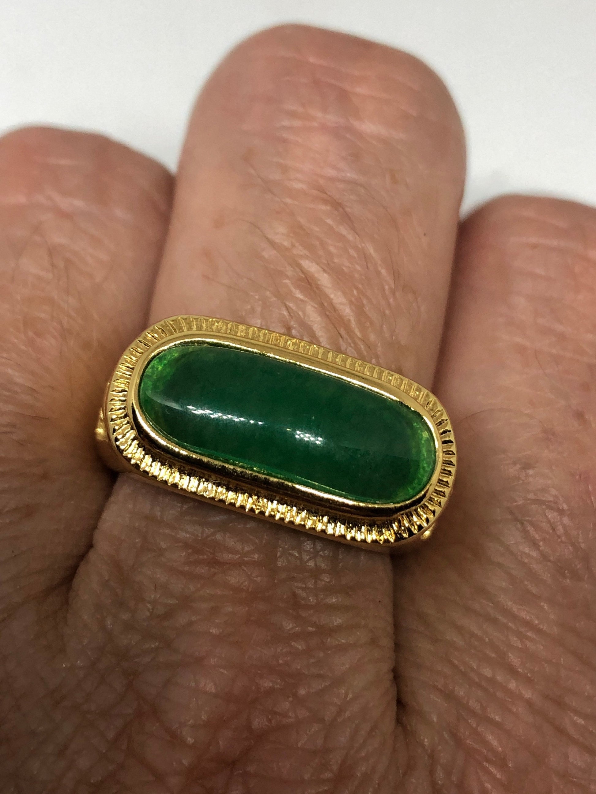Vintage Lucky Green Nephrite Jade Gold Rhodium ring