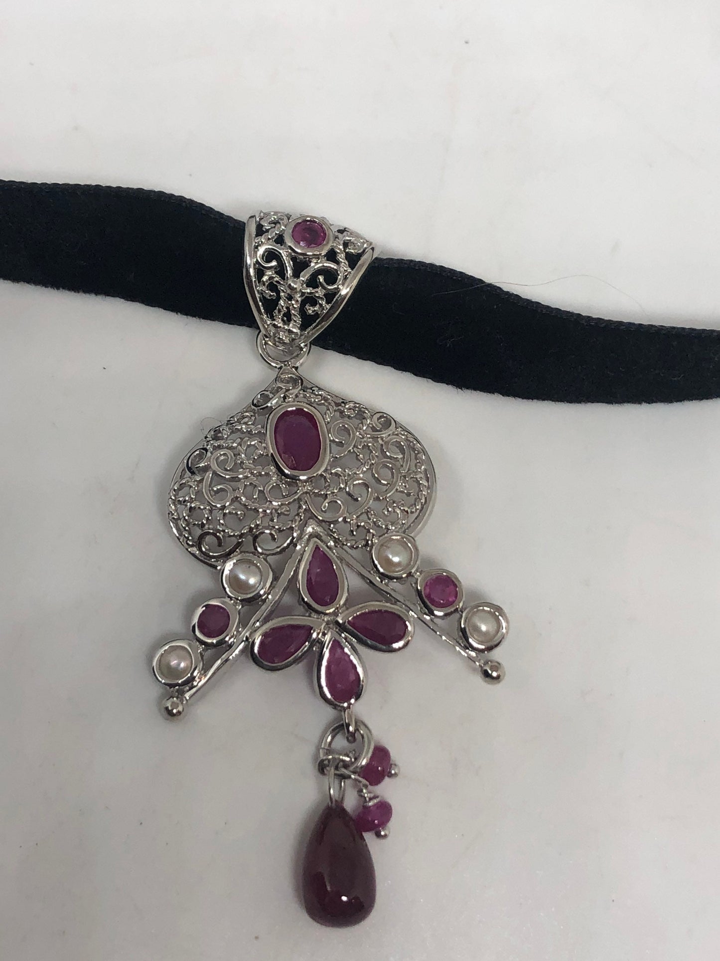 Vintage Ruby Choker 925 Sterling Silver Pearl Antique Pendant Necklace