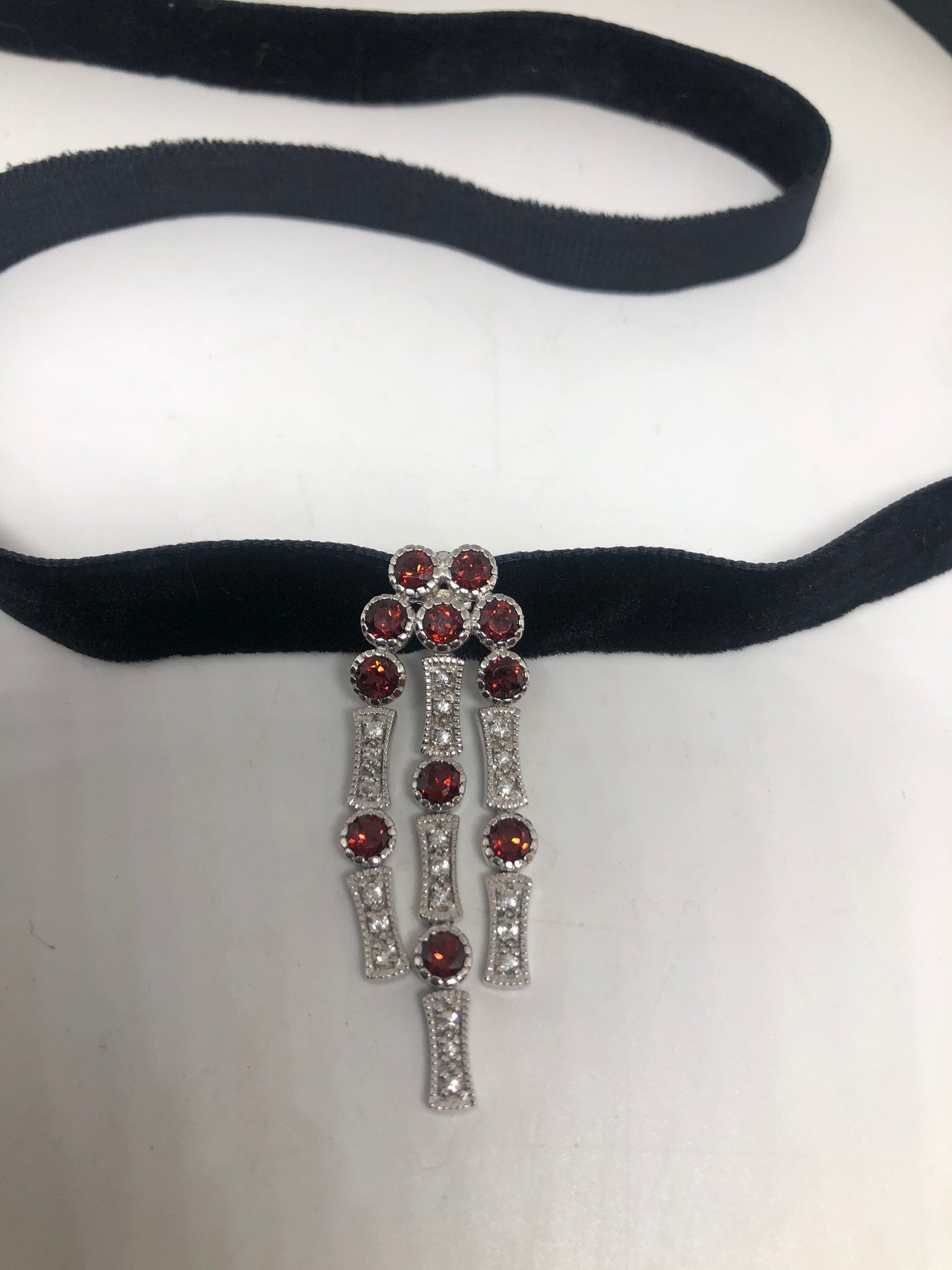 Vintage Bohemian Garnet Deco Choker 925 Sterling Silver Pendant Necklace