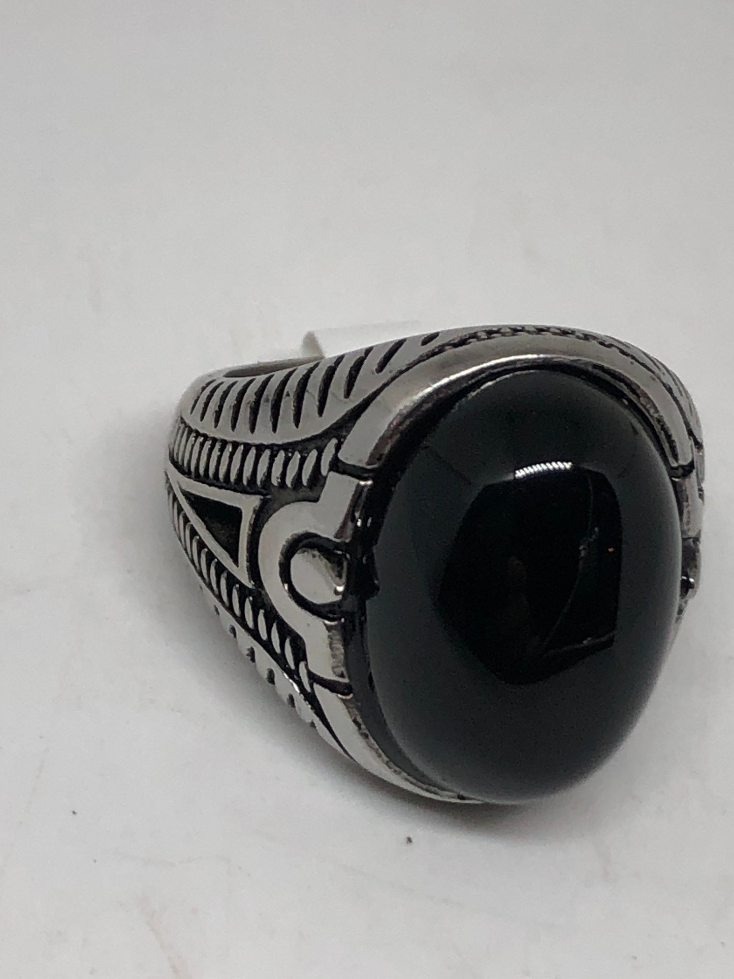 Vintage Gothic Black Onyx Egyptian Stainless Steel Mens Ring