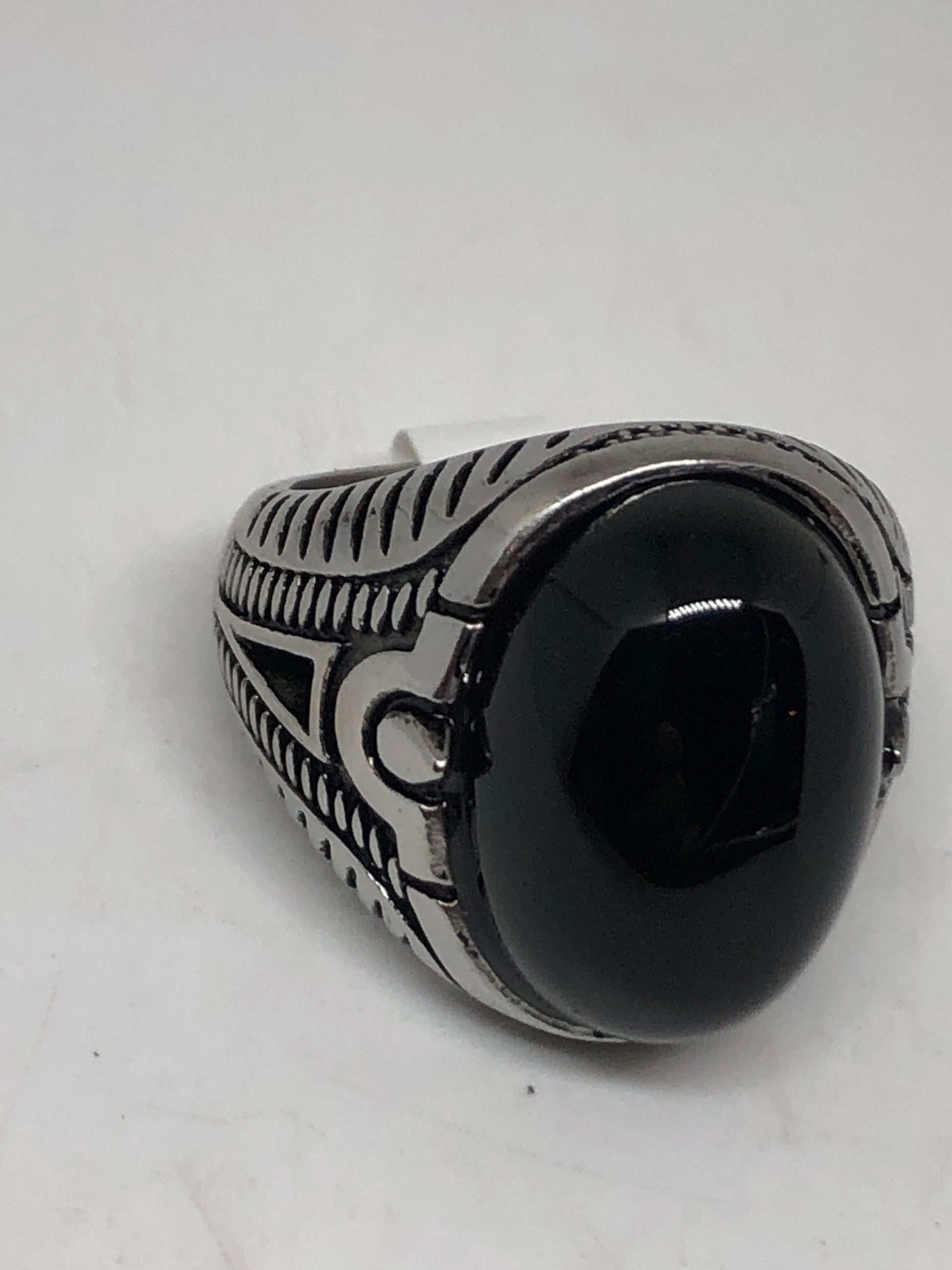 Vintage Gothic Black Onyx Egyptian Stainless Steel Mens Ring