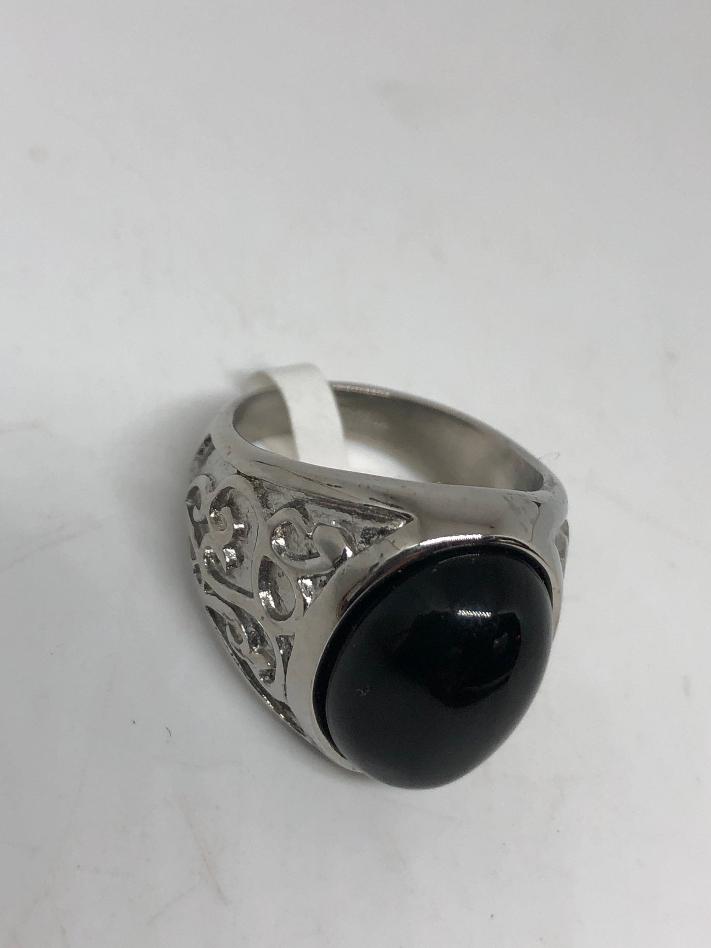 Vintage Gothic Black Onyx Egyptian Stainless Steel Mens Ring