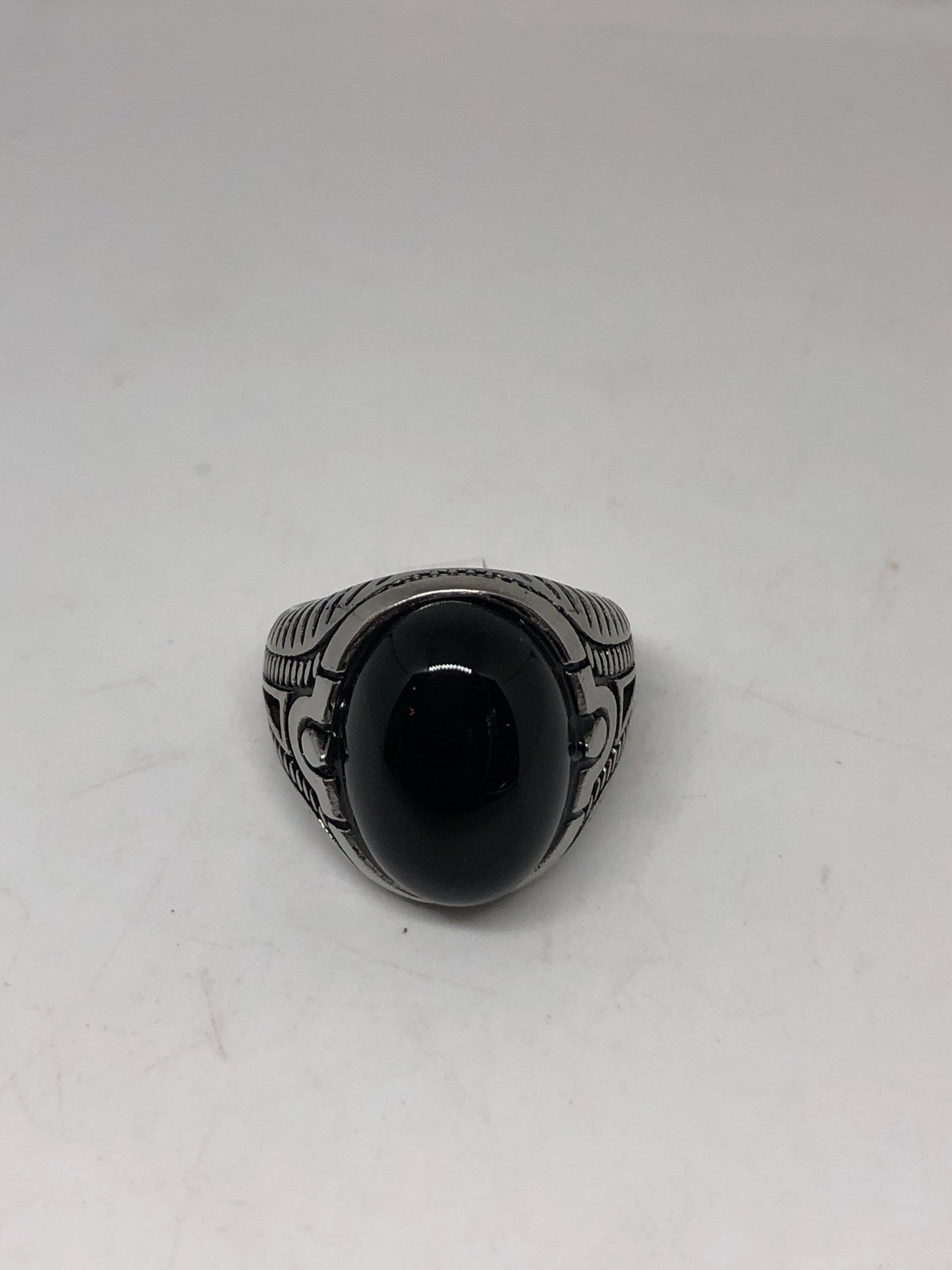 Vintage Gothic Black Onyx Egyptian Stainless Steel Mens Ring